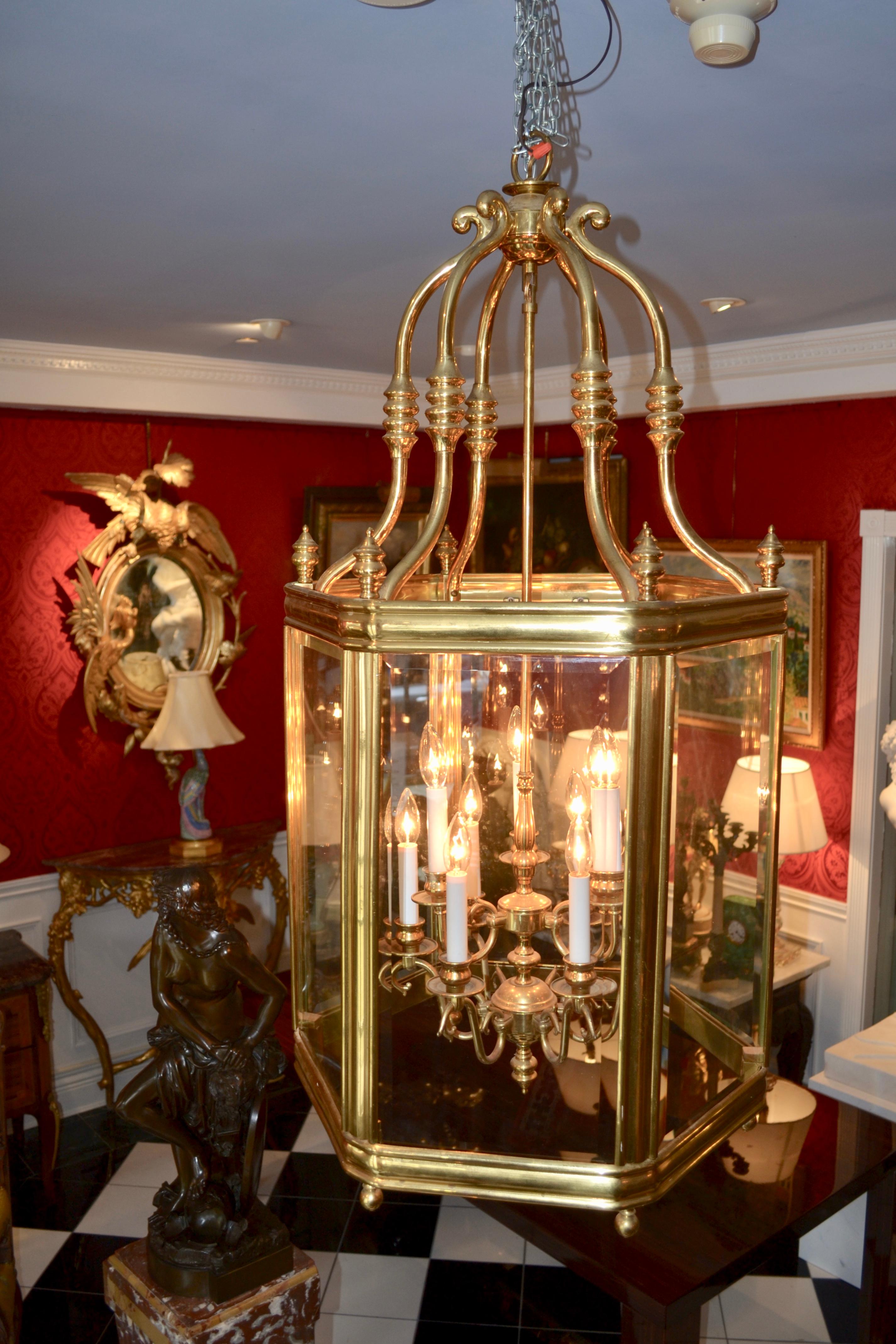 Brass and Beveled Glass Hall Lantern In Good Condition For Sale In Vancouver, British Columbia