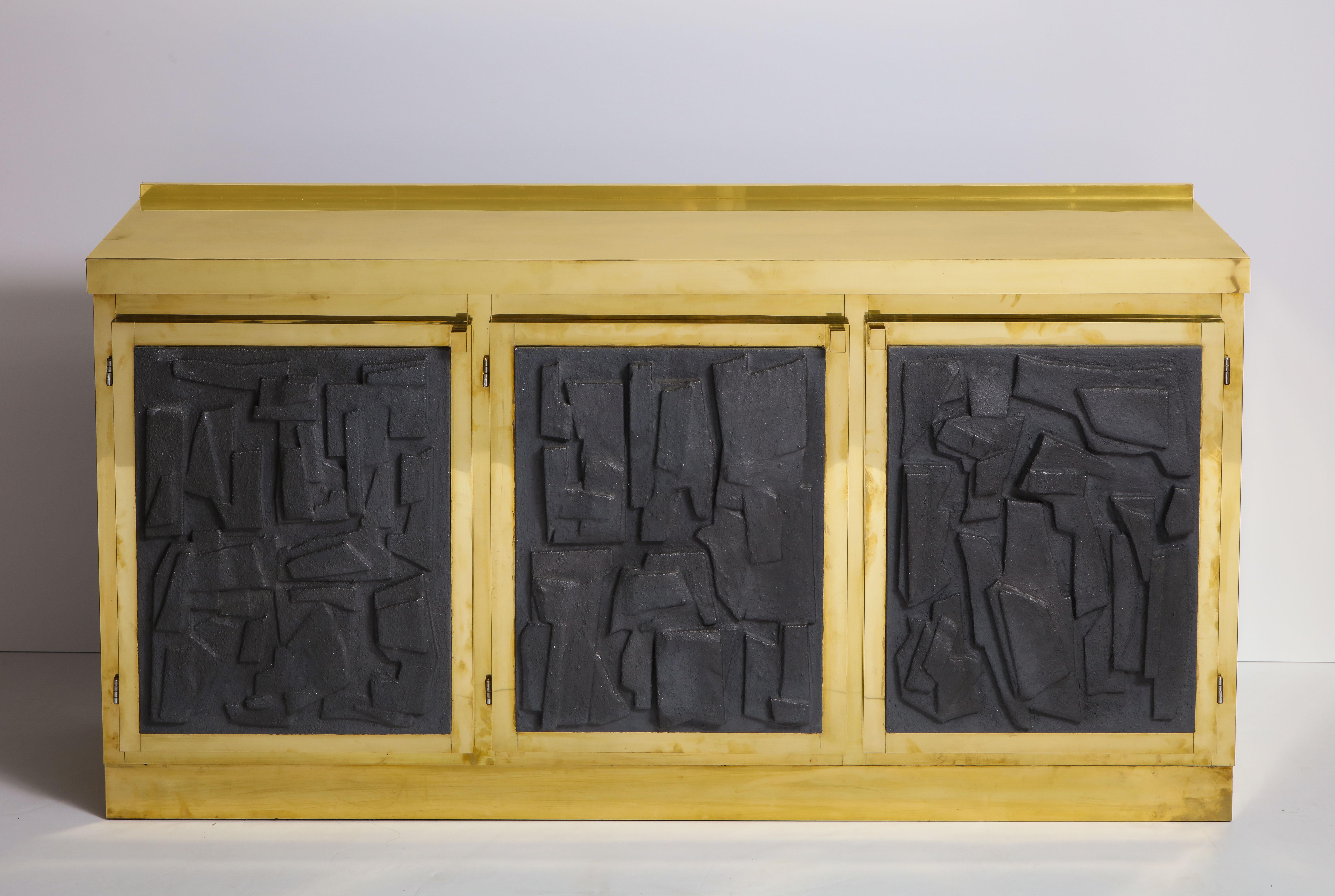 Brass Sideboard or Credenza with Black Brutalist Relief Panels, Italy 12