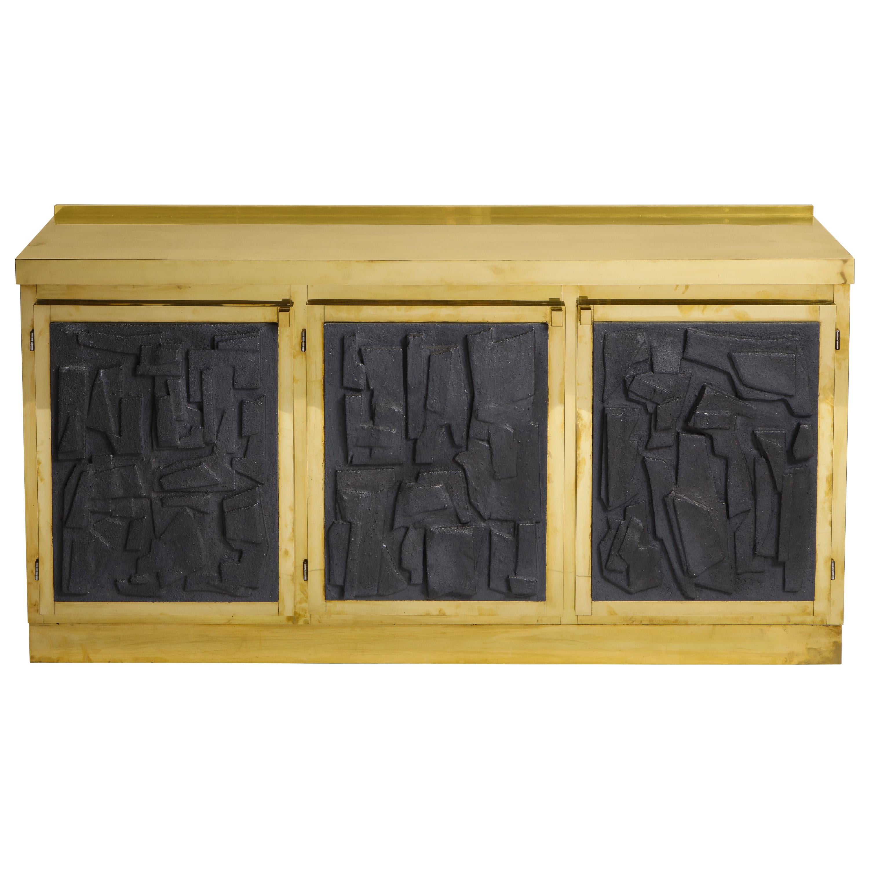Brass Sideboard or Credenza with Black Brutalist Relief Panels, Italy