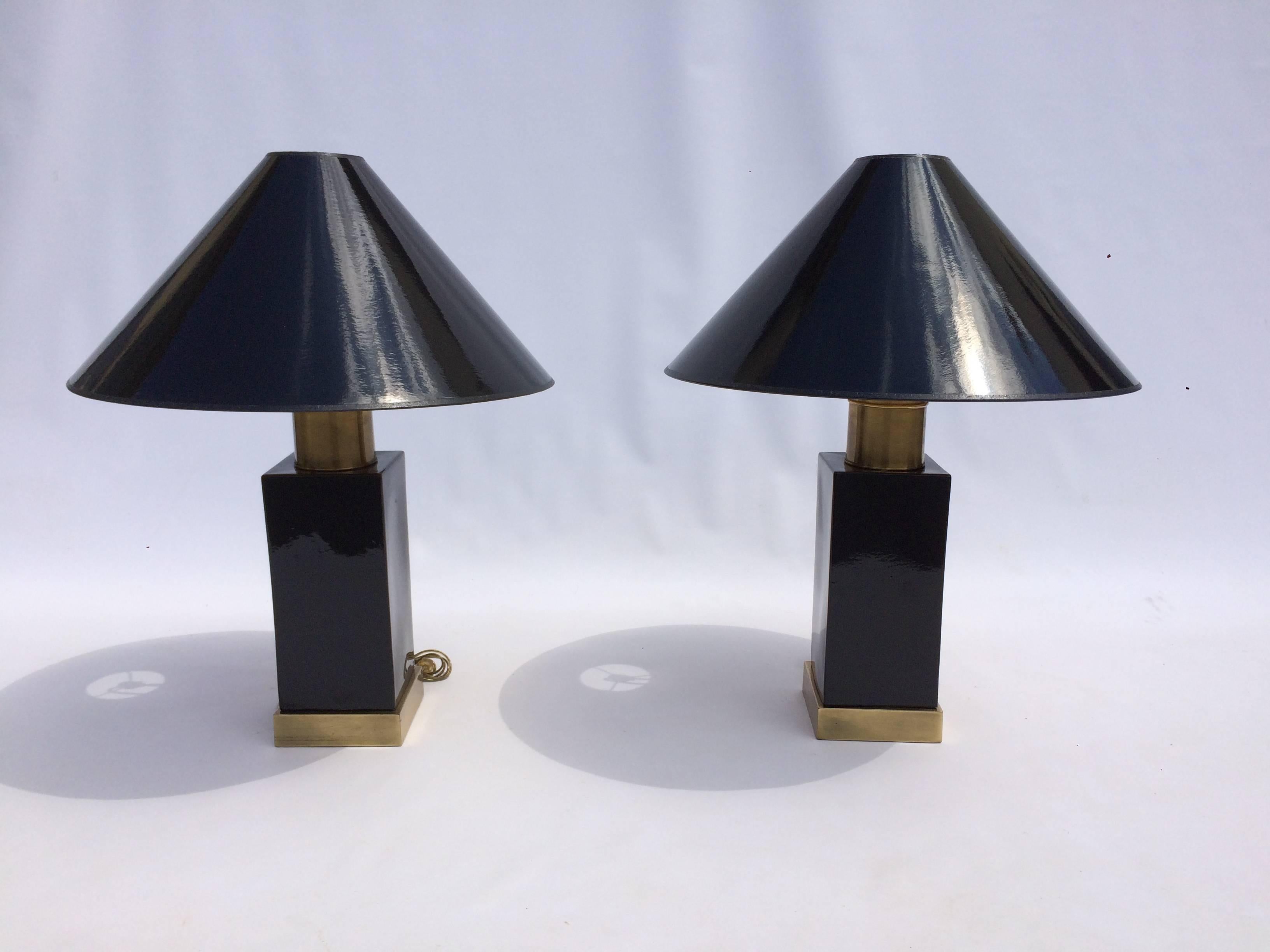 Brass and Black Ceramic Table Lamps In Good Condition In Miami, FL