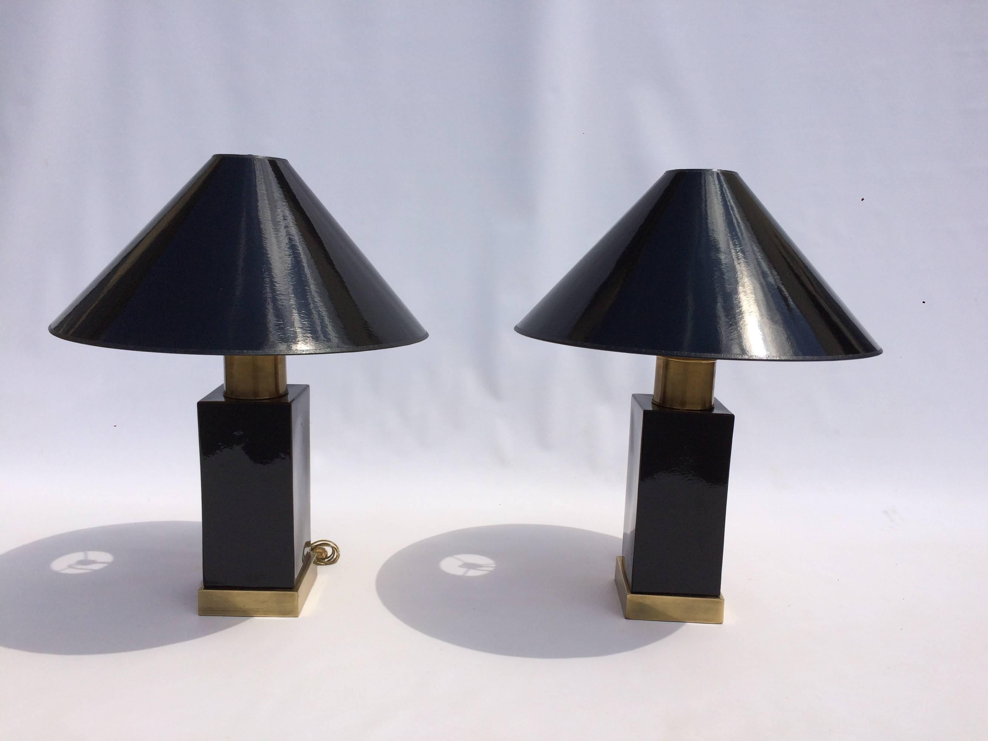 Late 20th Century Brass and Black Ceramic Table Lamps