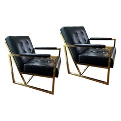 Brass and Black Chairs in the Style of Milo Baughman, a Pair