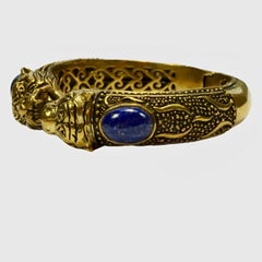Brass and Black Enamel Ornate Tiger's Heads Bangle with Lapis Lazuli