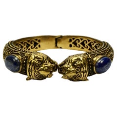 Vintage Brass and Black Enamel Ornate Tiger's Heads Bangle with Lapis Lazuli