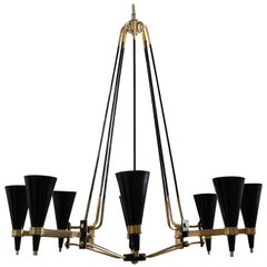 Brass and Black Enameled Metal Chandelier Featuring Conical Shades, by Stilnovo