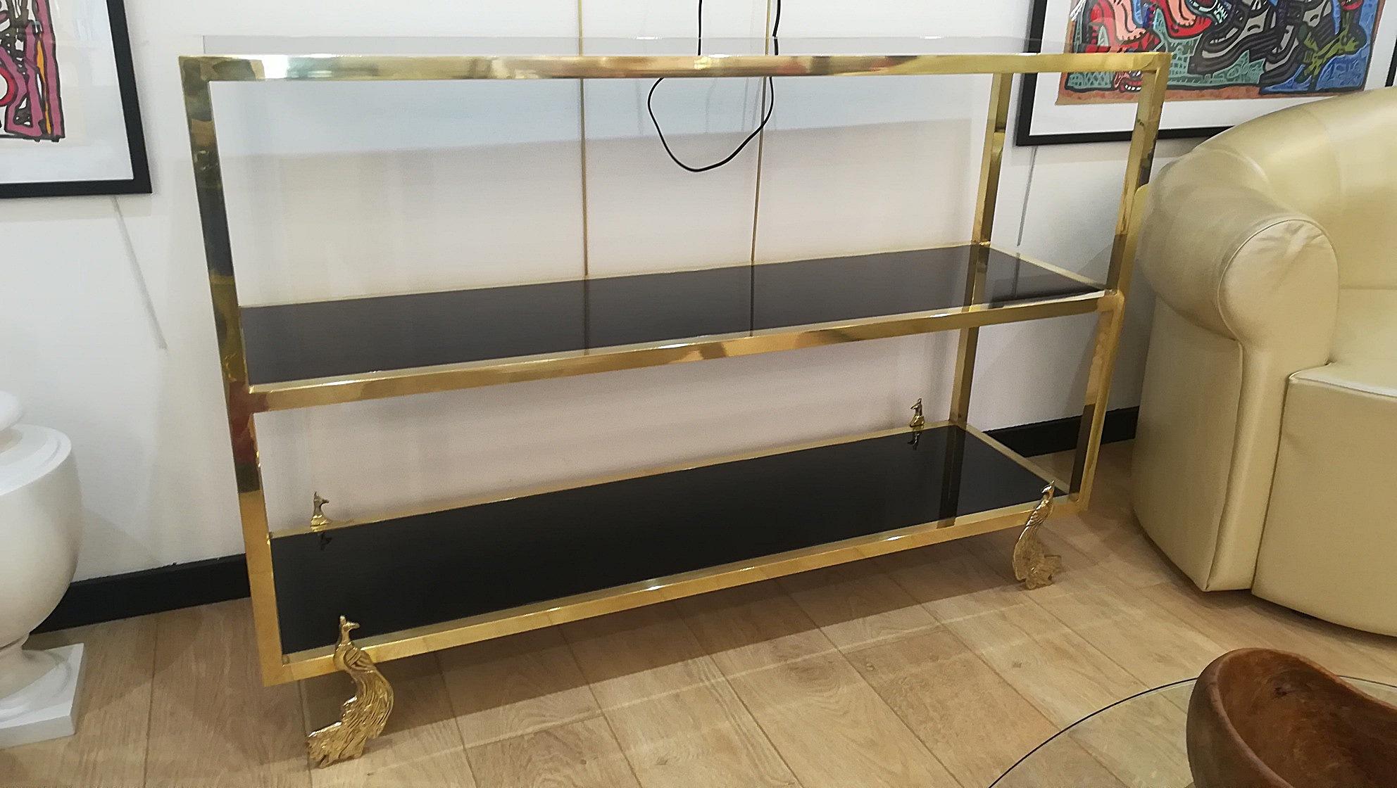 Brass and Black Glass Console, Feet Representing Peacocks For Sale 13