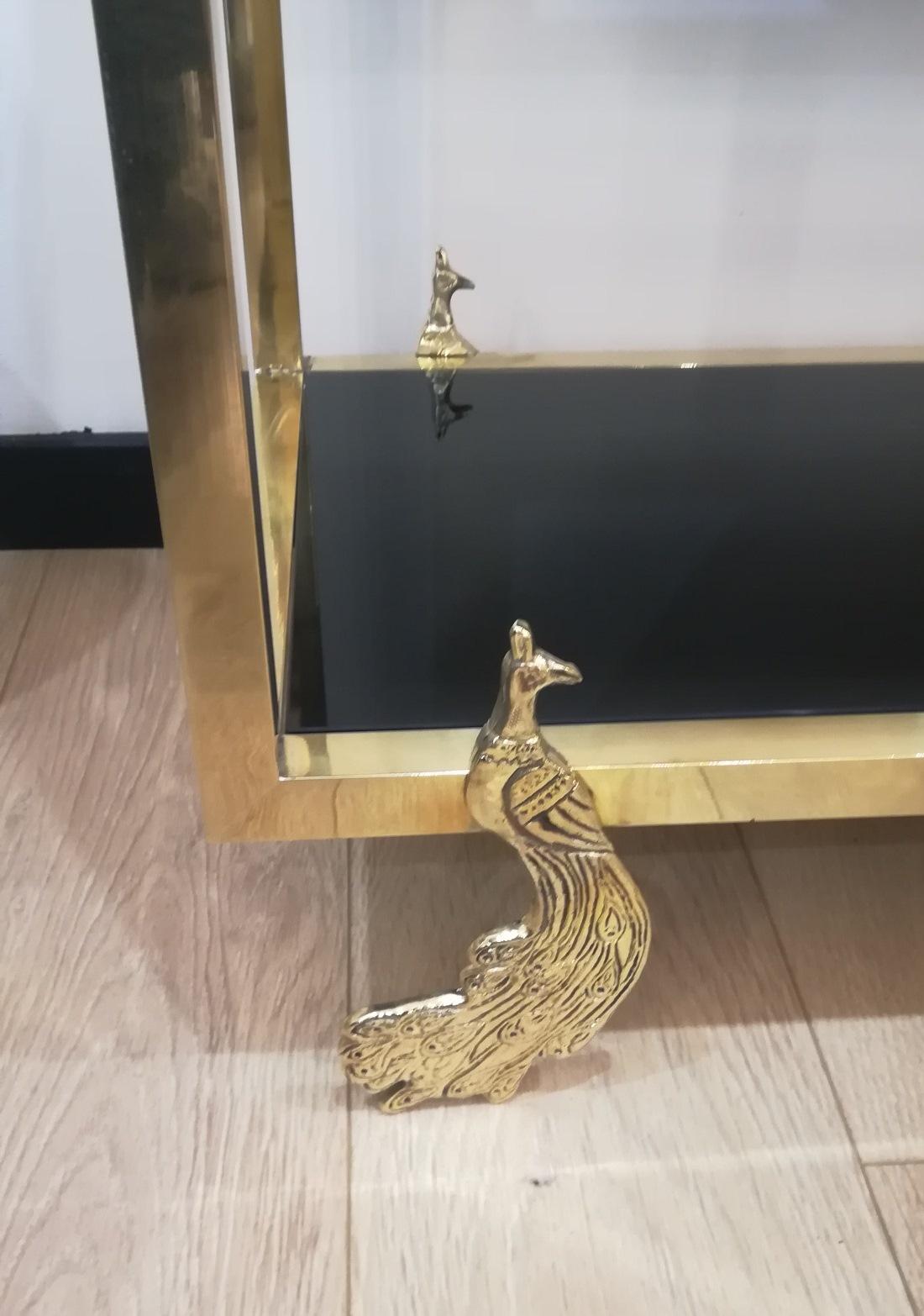 Brass and Black Glass Console, Feet Representing Peacocks In Excellent Condition For Sale In Saint-Ouen, FR