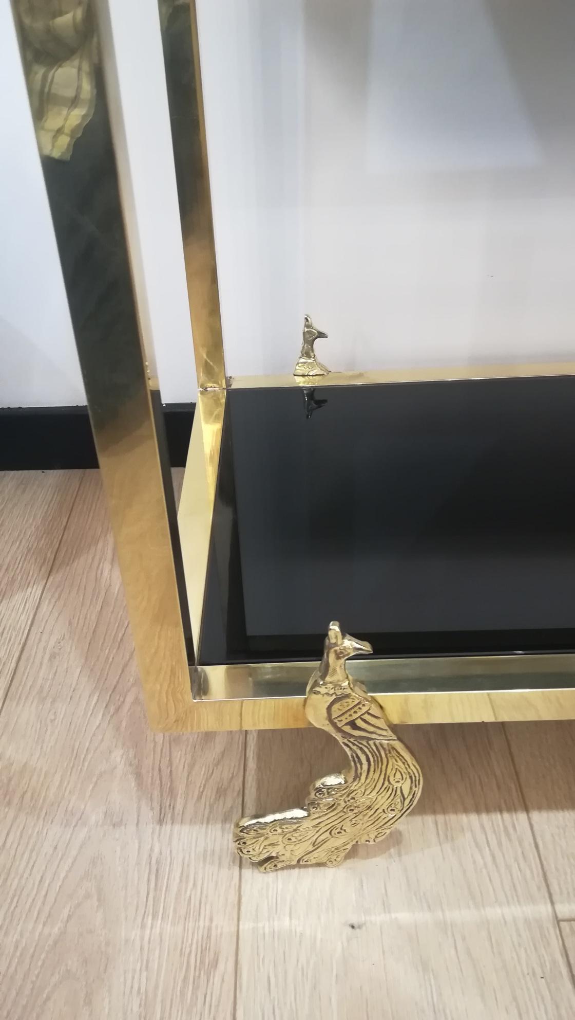 Late 20th Century Brass and Black Glass Console, Feet Representing Peacocks For Sale