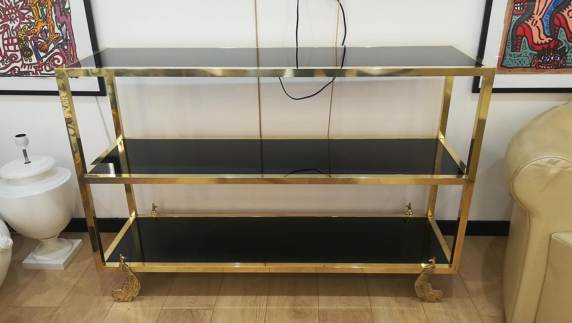 Brass and Black Glass Console, Feet Representing Peacocks For Sale 4