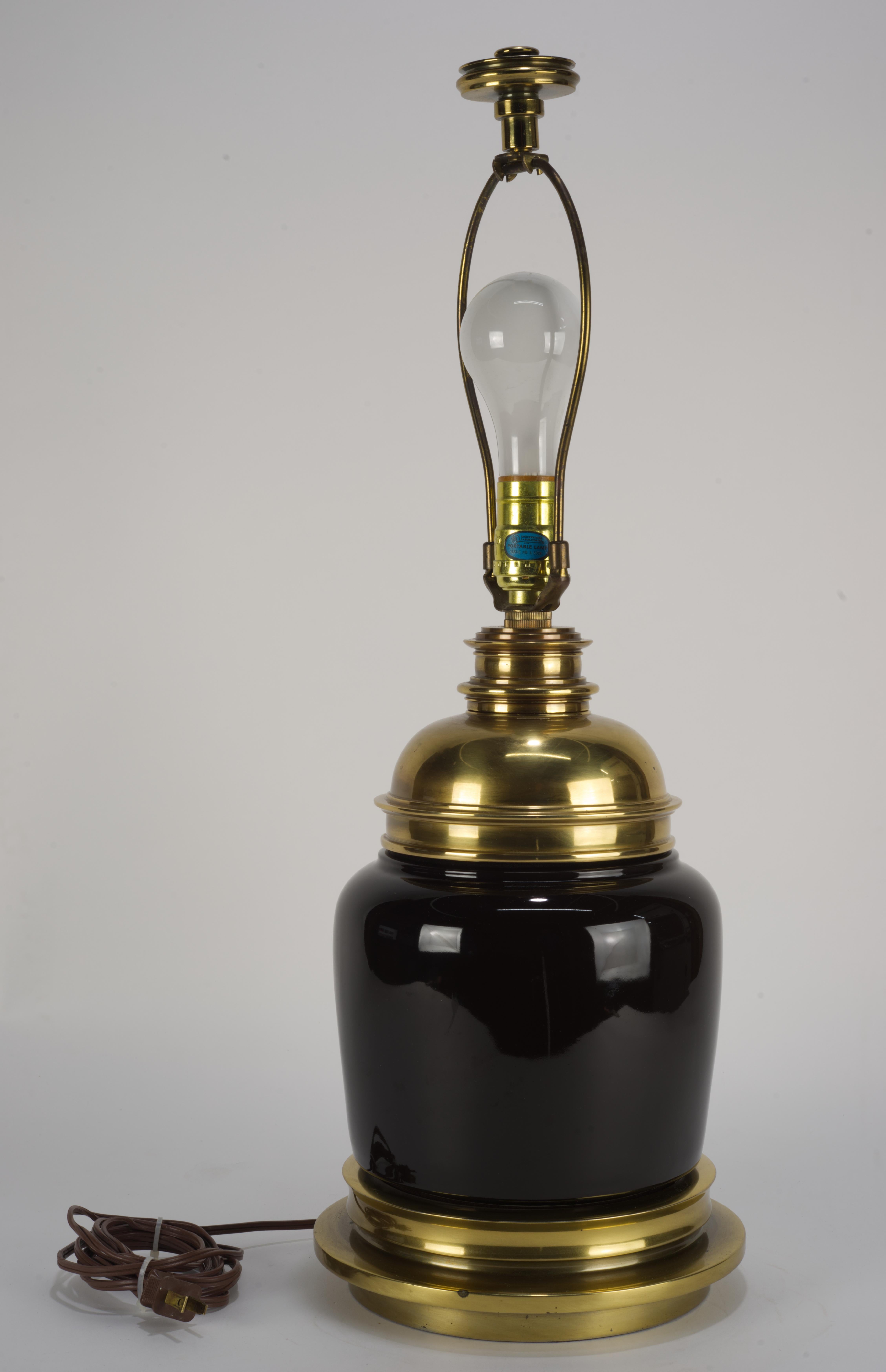Hollywood Regency Stiffel Table Lamp, Black Ceramic and Brass, 1940s For Sale