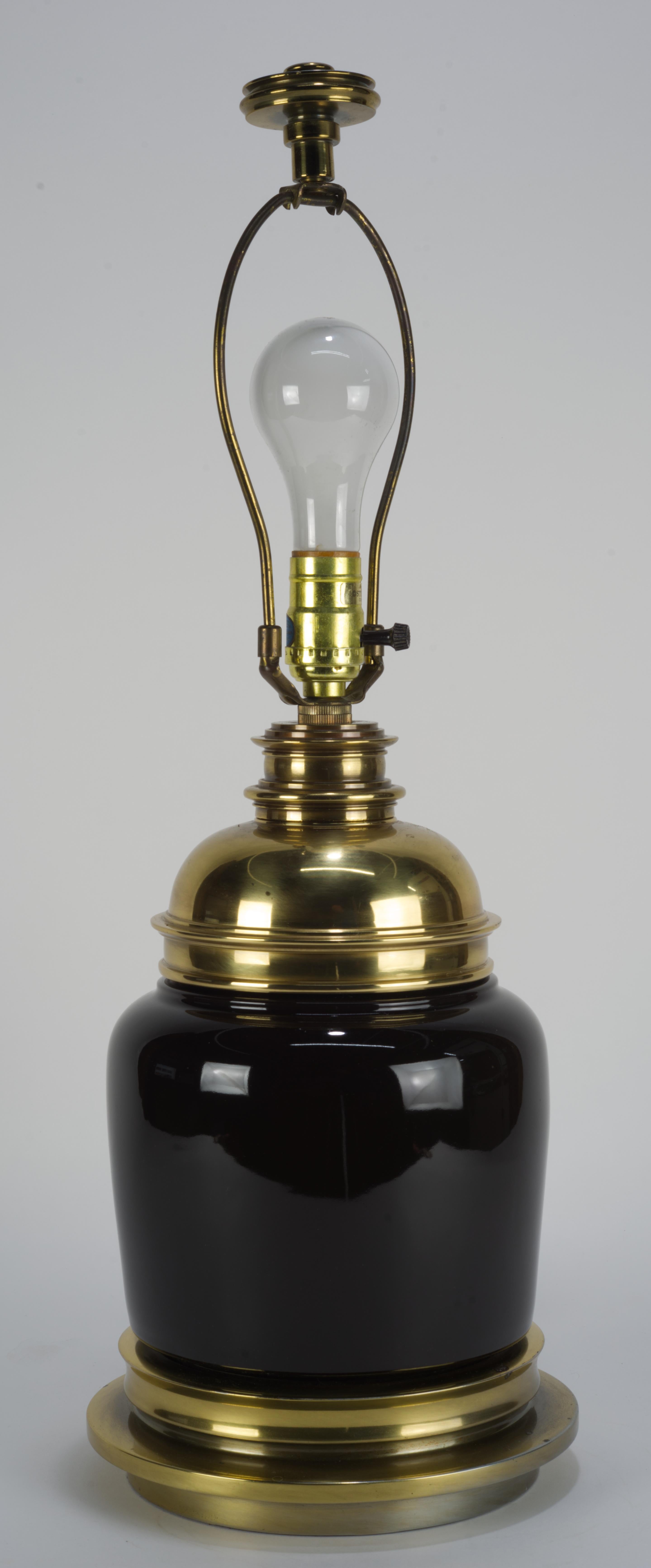 American Stiffel Table Lamp, Black Ceramic and Brass, 1940s For Sale