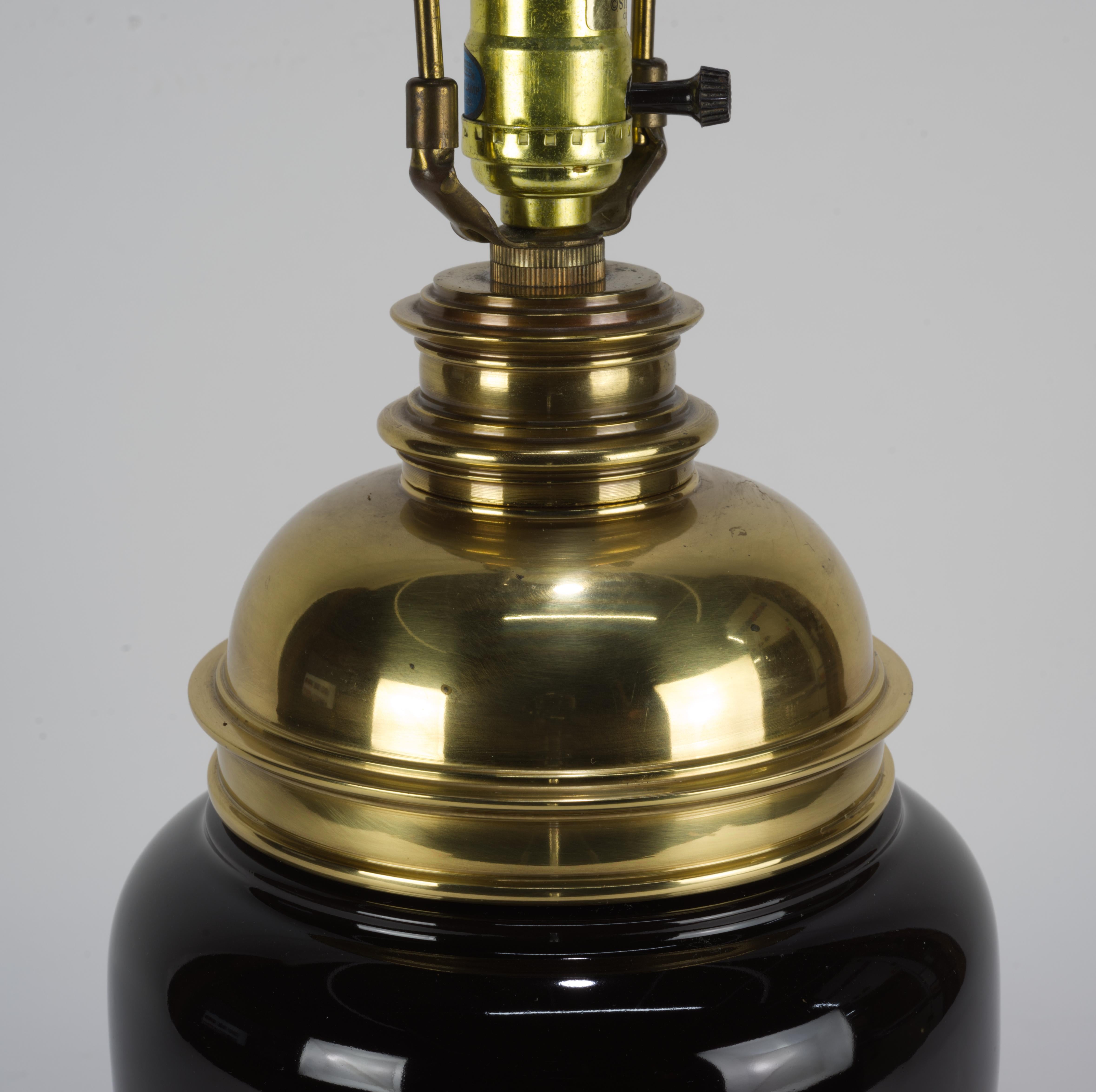 Stiffel Table Lamp, Black Ceramic and Brass, 1940s In Good Condition For Sale In Clifton Springs, NY