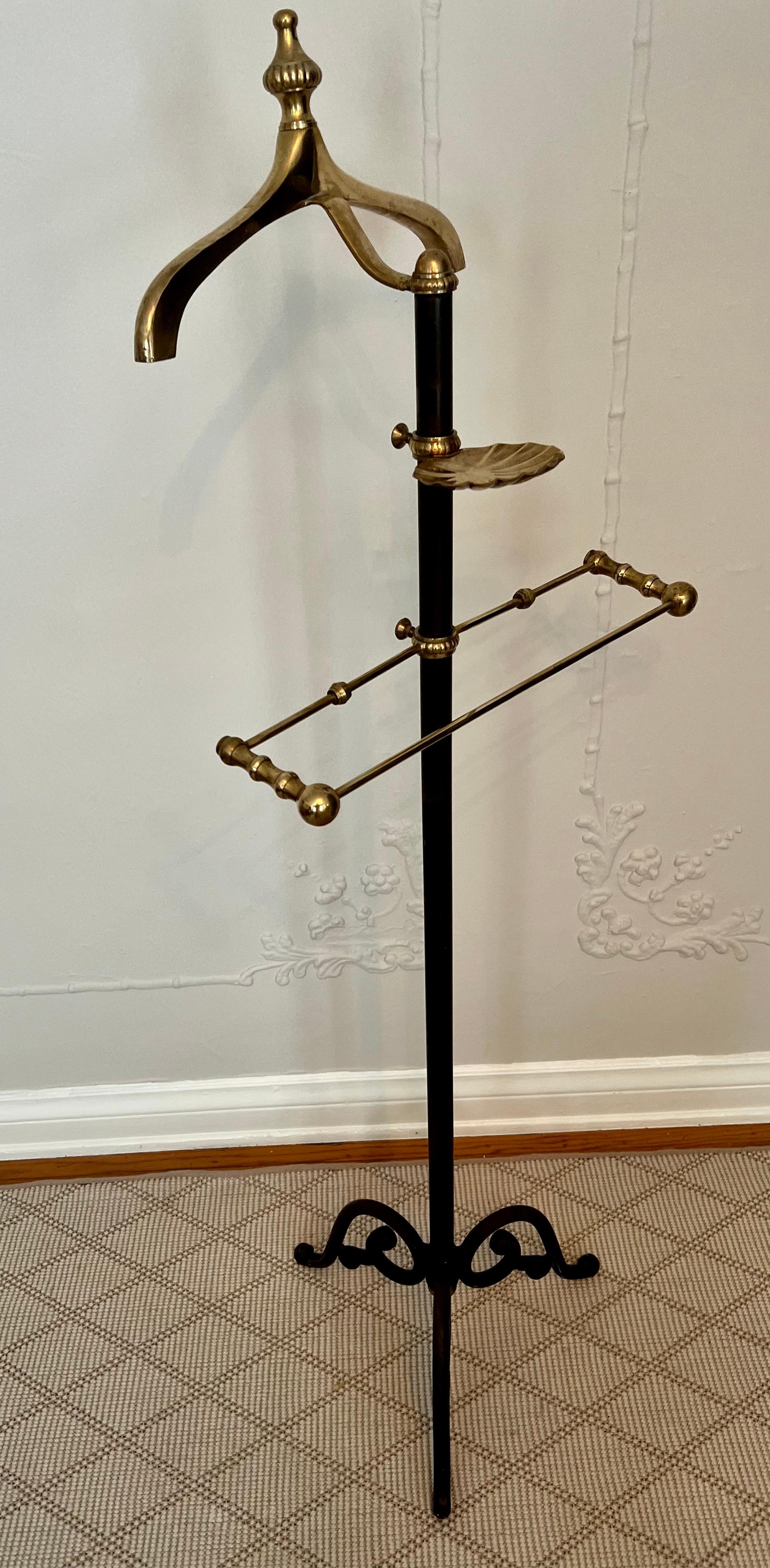 Patinated Brass and Black Iron Valet with Change Coat Jacket and Pants Holder For Sale