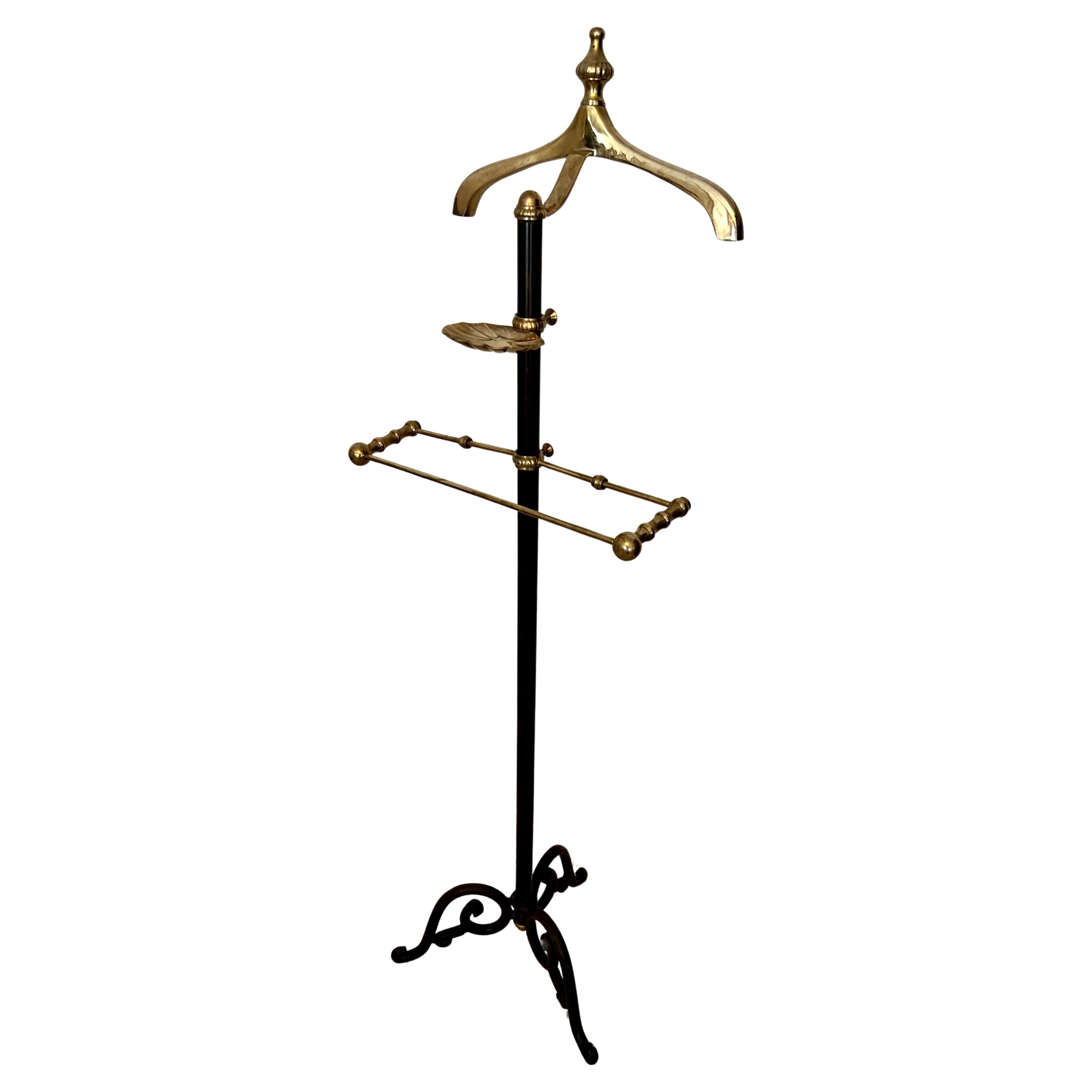 Brass and Black Iron Valet with Change Coat Jacket and Pants Holder For Sale