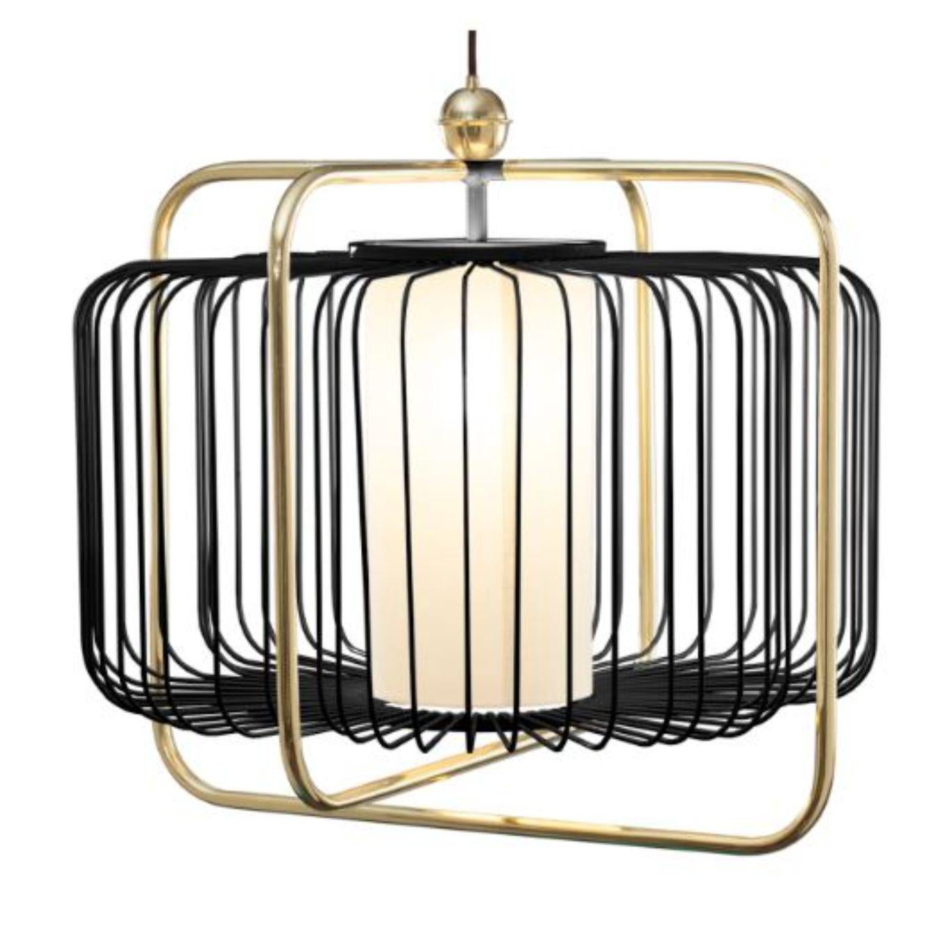 Brass and black Jules I suspension lamp by Dooq
Dimensions: W 63 x D 63 x H 57 cm
Materials: lacquered metal, polished or brushed metal, brass.
abat-jour: cotton
Also available in different colours and