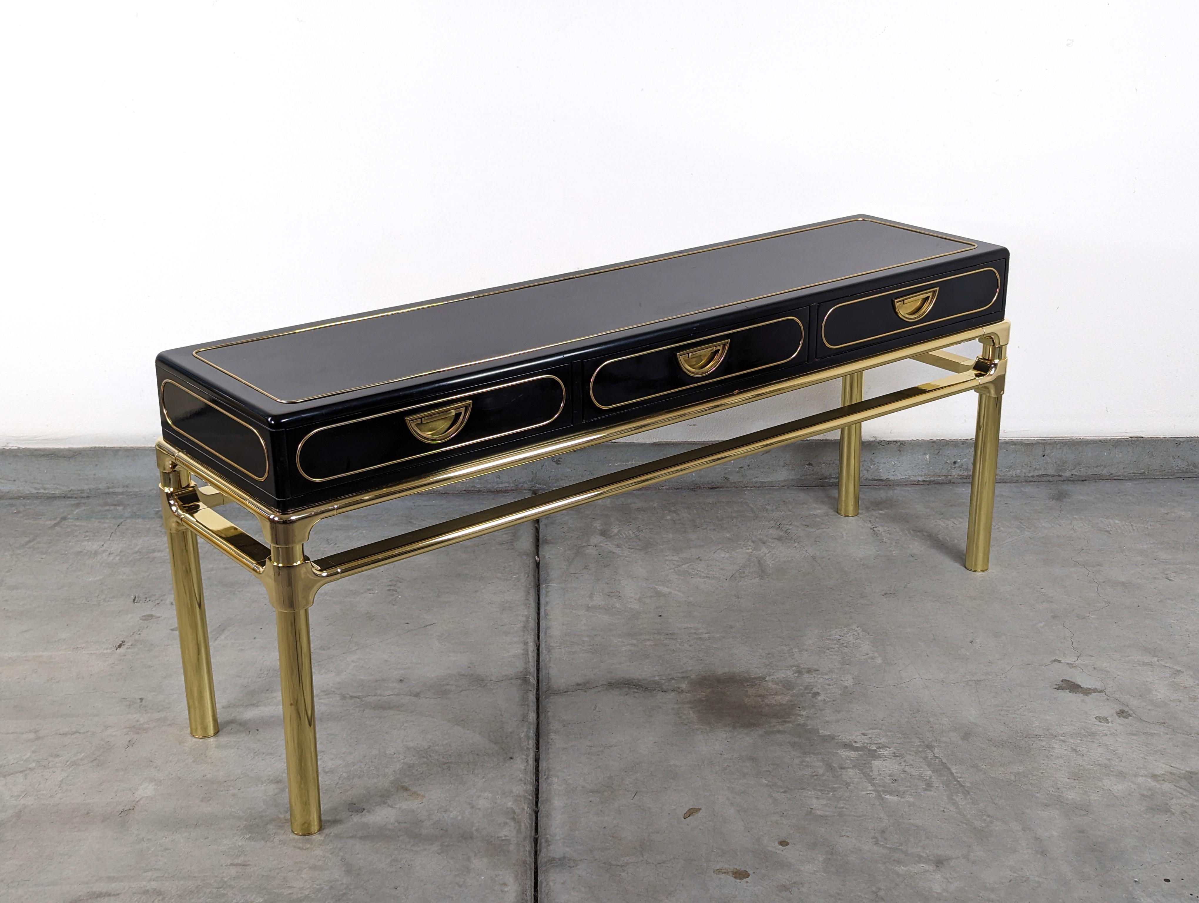 Brass and Black Lacquer Console Table With Drawers by Mastercraft, c1970s For Sale 3