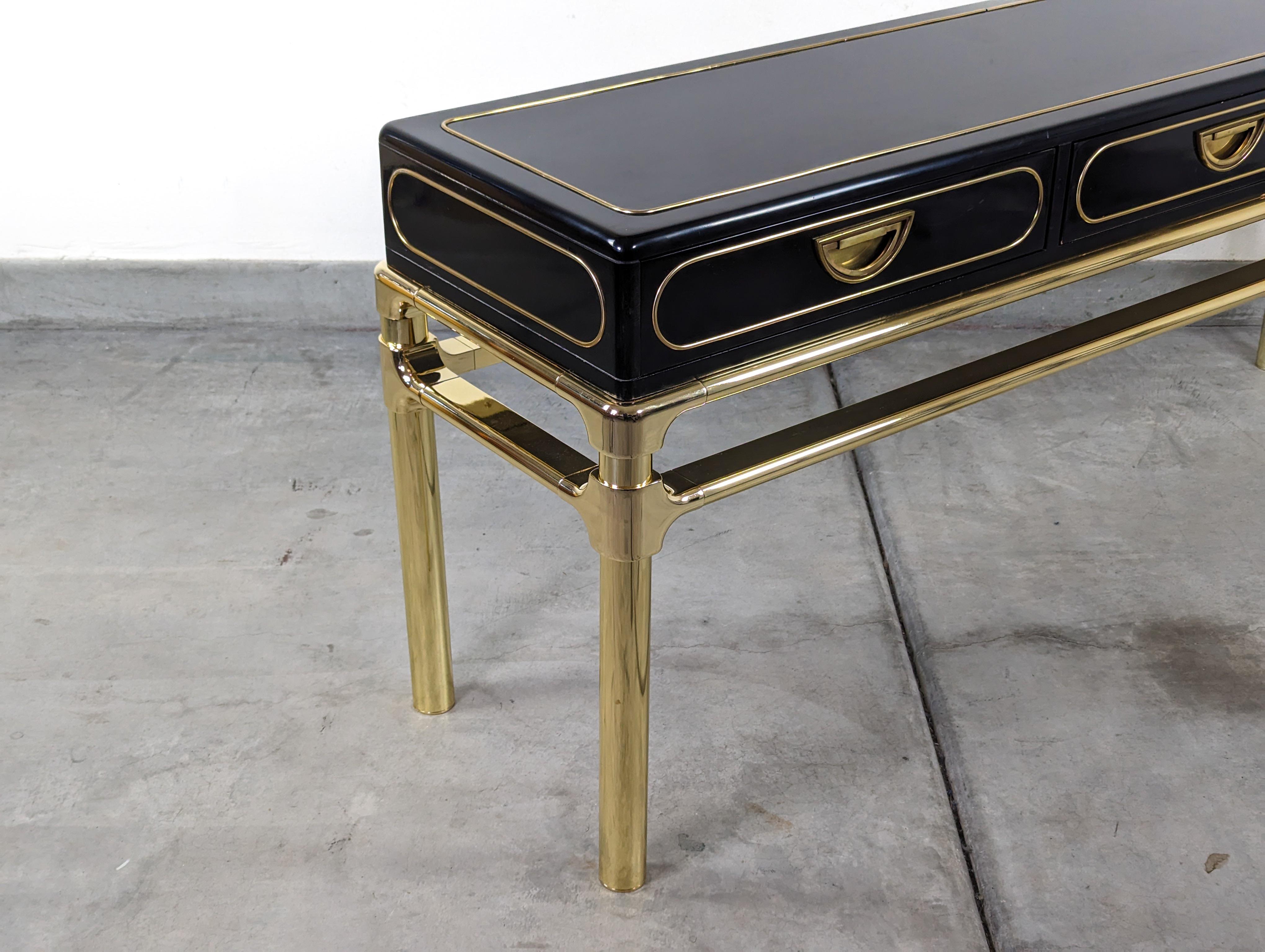 Brass and Black Lacquer Console Table With Drawers by Mastercraft, c1970s For Sale 4