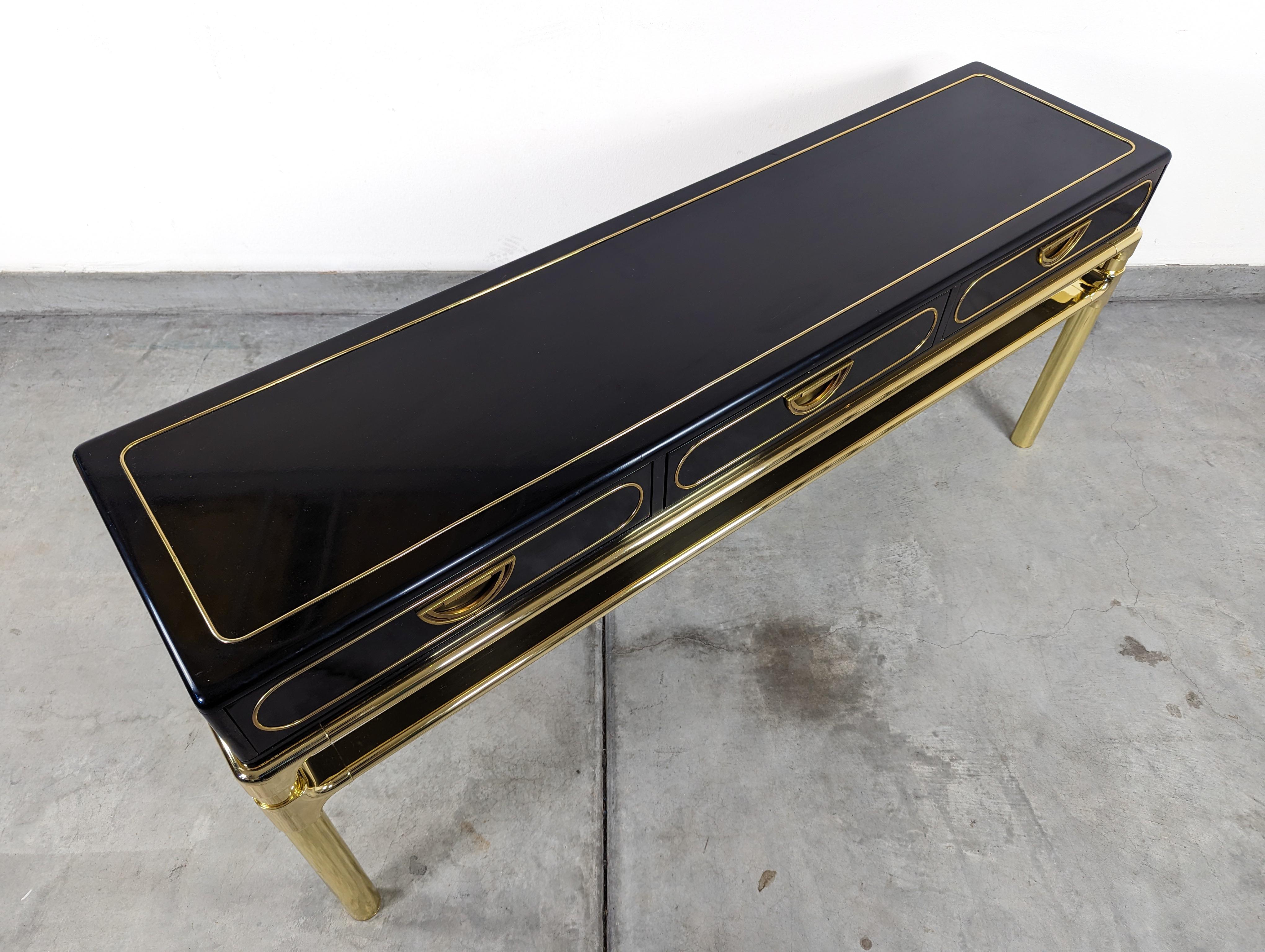 Brass and Black Lacquer Console Table With Drawers by Mastercraft, c1970s For Sale 5