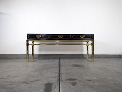 Brass and Black Lacquer Console Table With Drawers by Mastercraft, c1970s