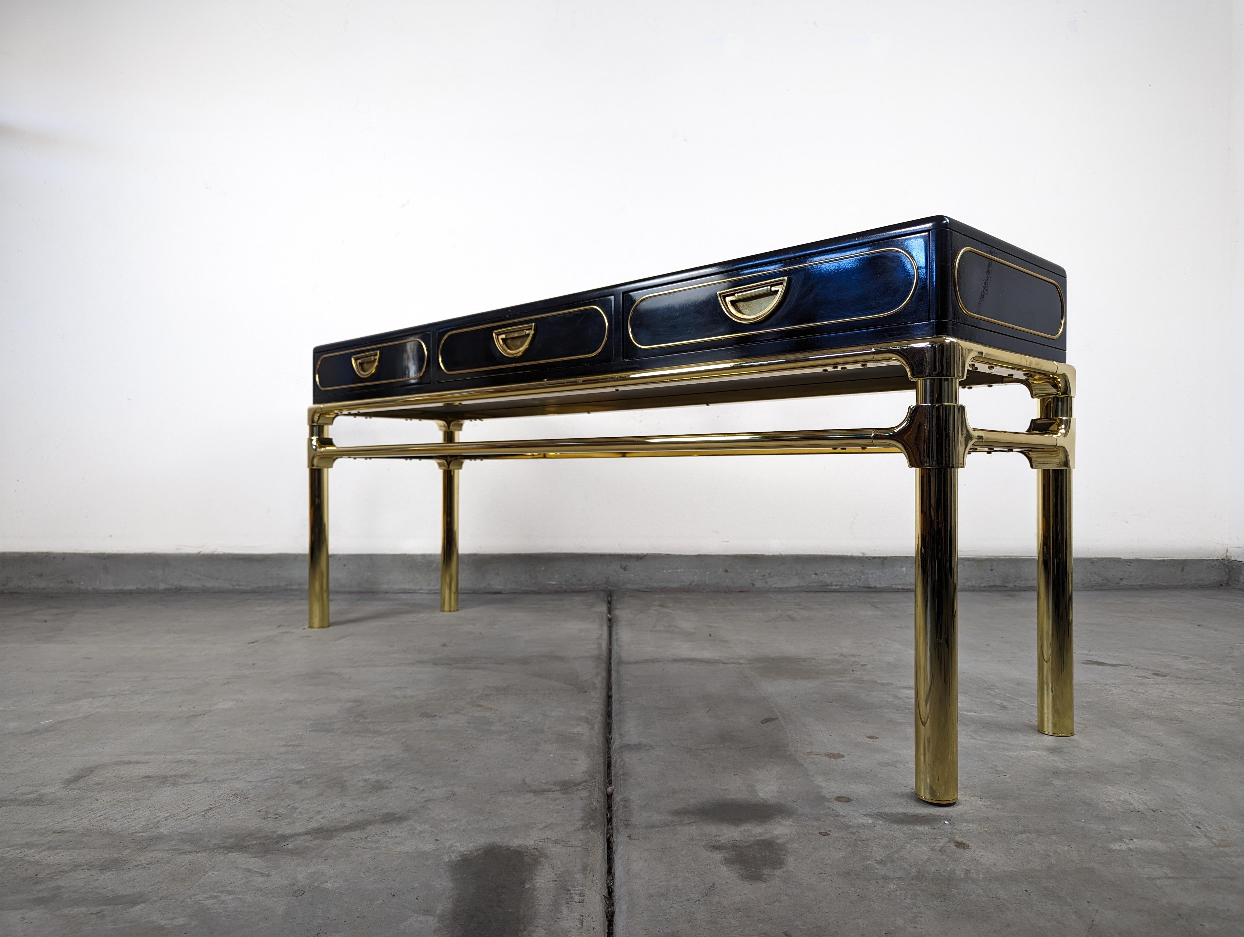 Modern Brass and Black Lacquer Console Table With Drawers by Mastercraft, c1970s For Sale