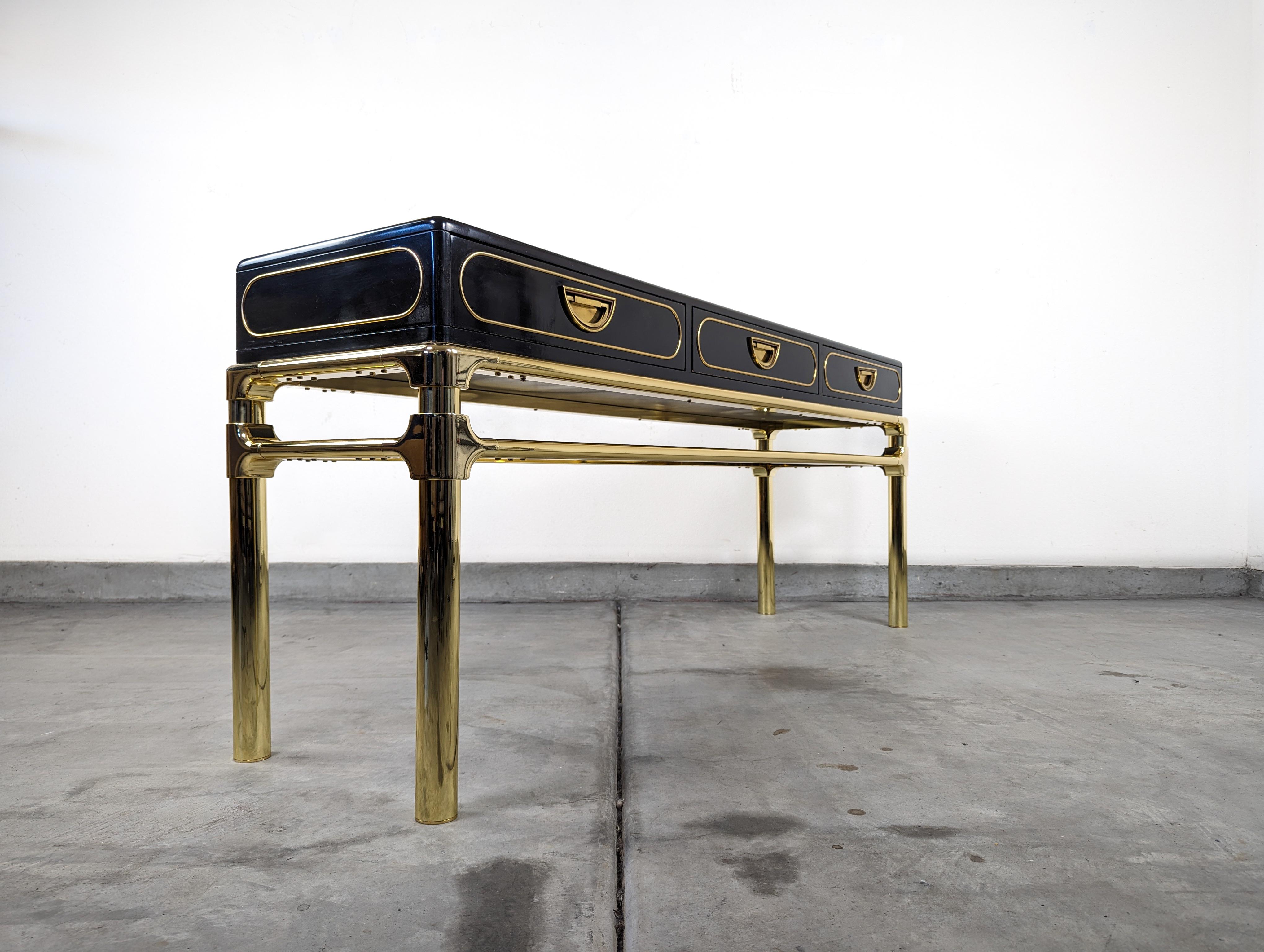 American Brass and Black Lacquer Console Table With Drawers by Mastercraft, c1970s For Sale