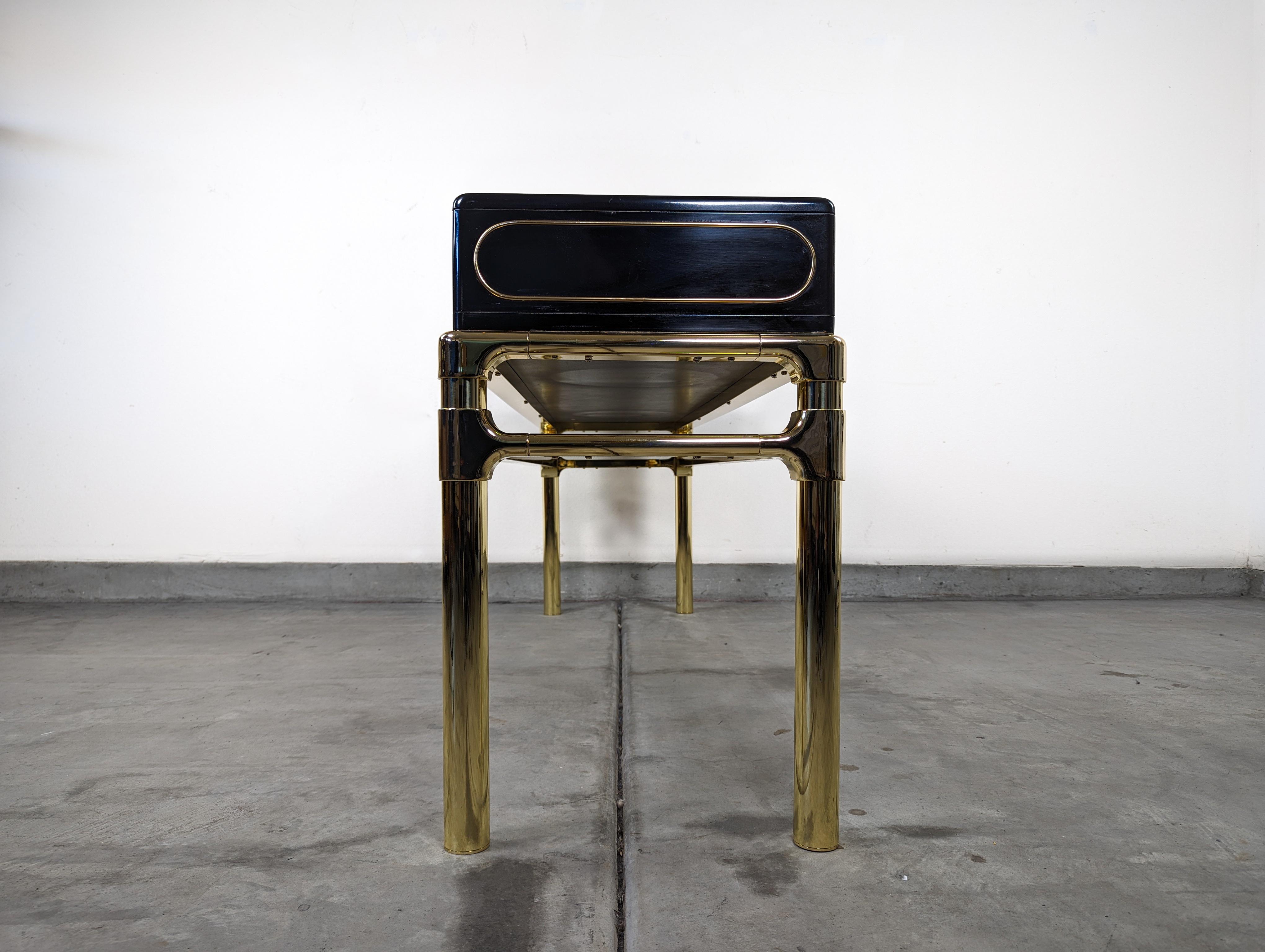Polished Brass and Black Lacquer Console Table With Drawers by Mastercraft, c1970s For Sale