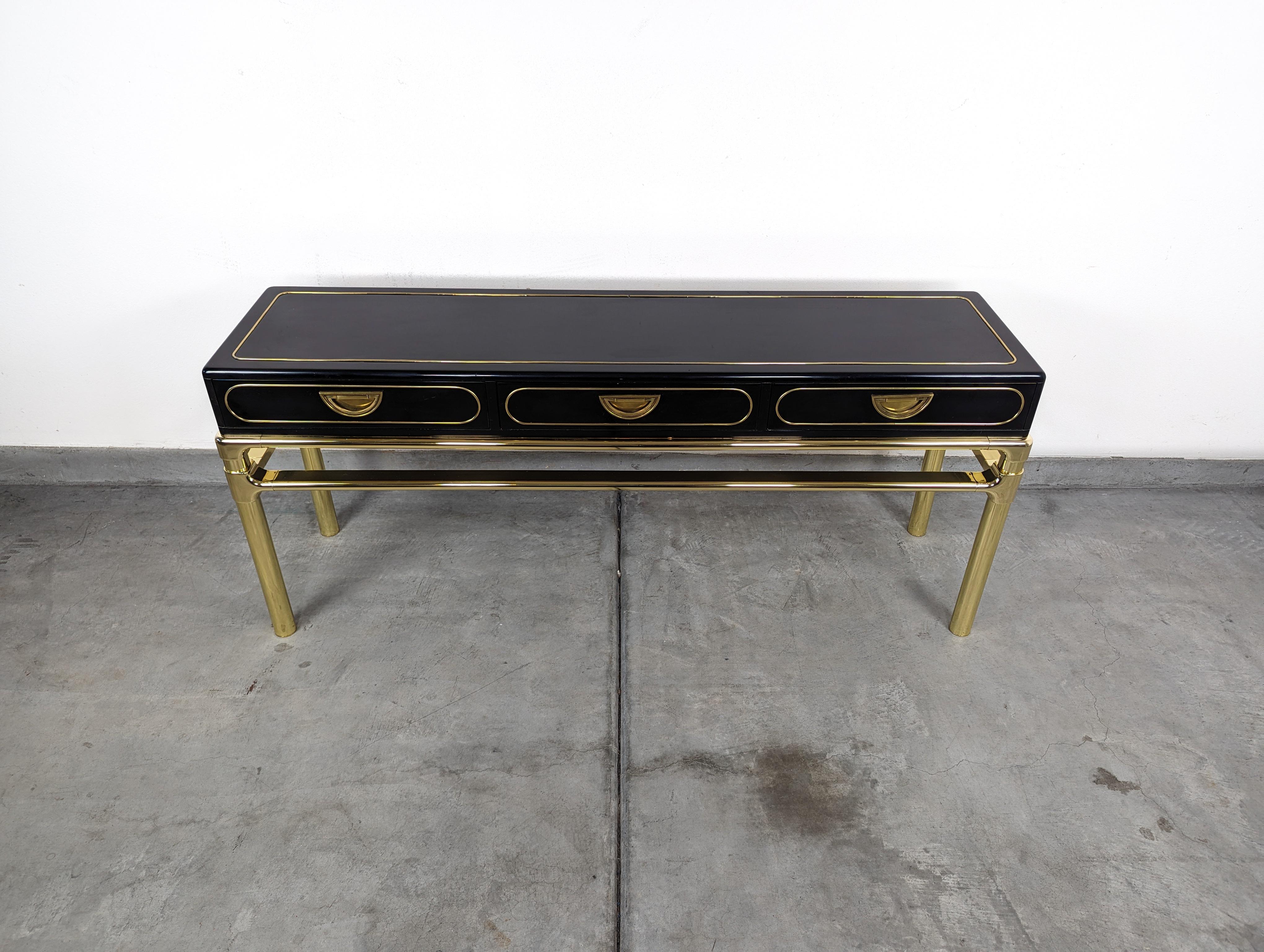 Late 20th Century Brass and Black Lacquer Console Table With Drawers by Mastercraft, c1970s For Sale