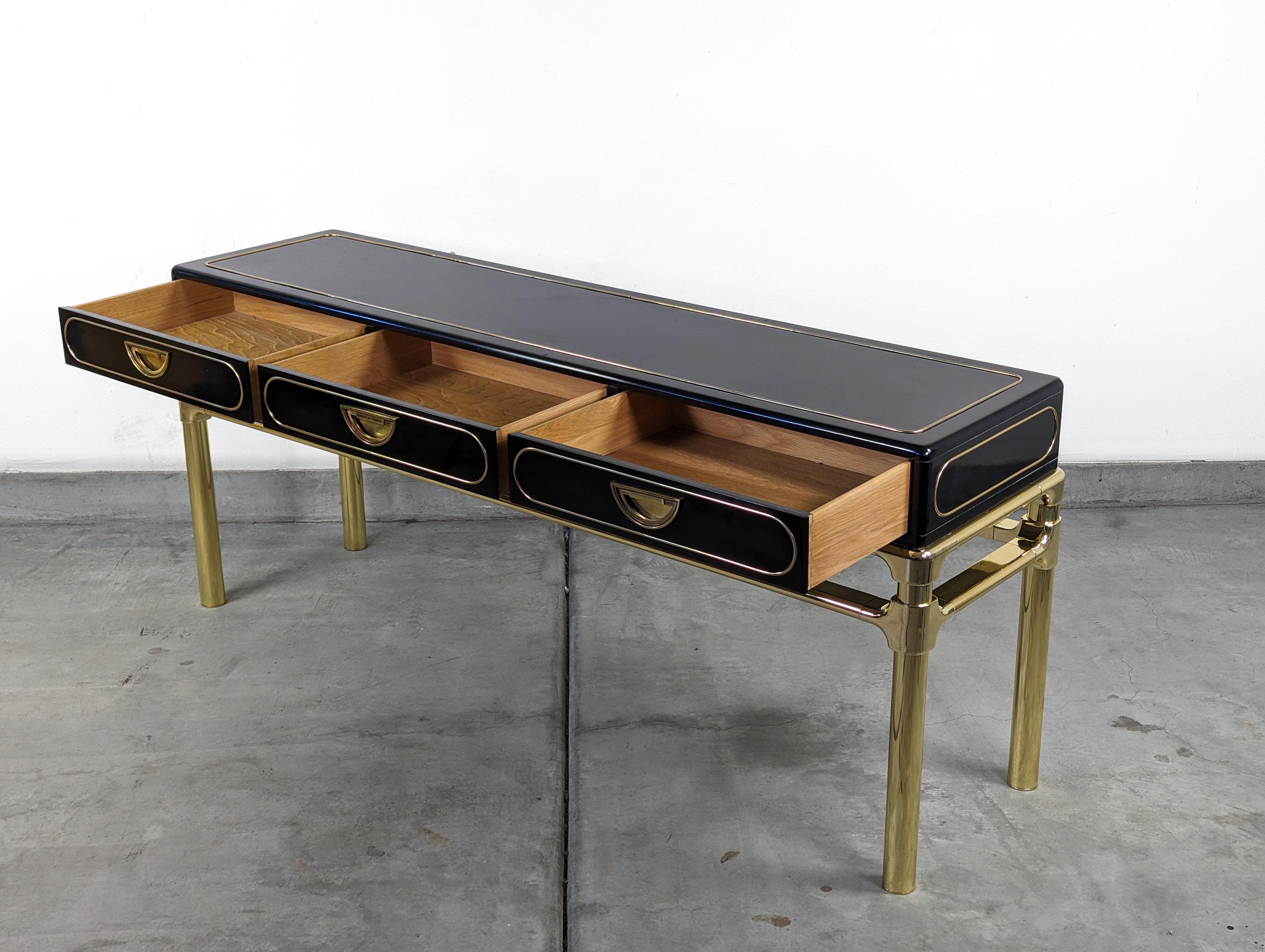 Brass and Black Lacquer Console Table With Drawers by Mastercraft, c1970s For Sale 1