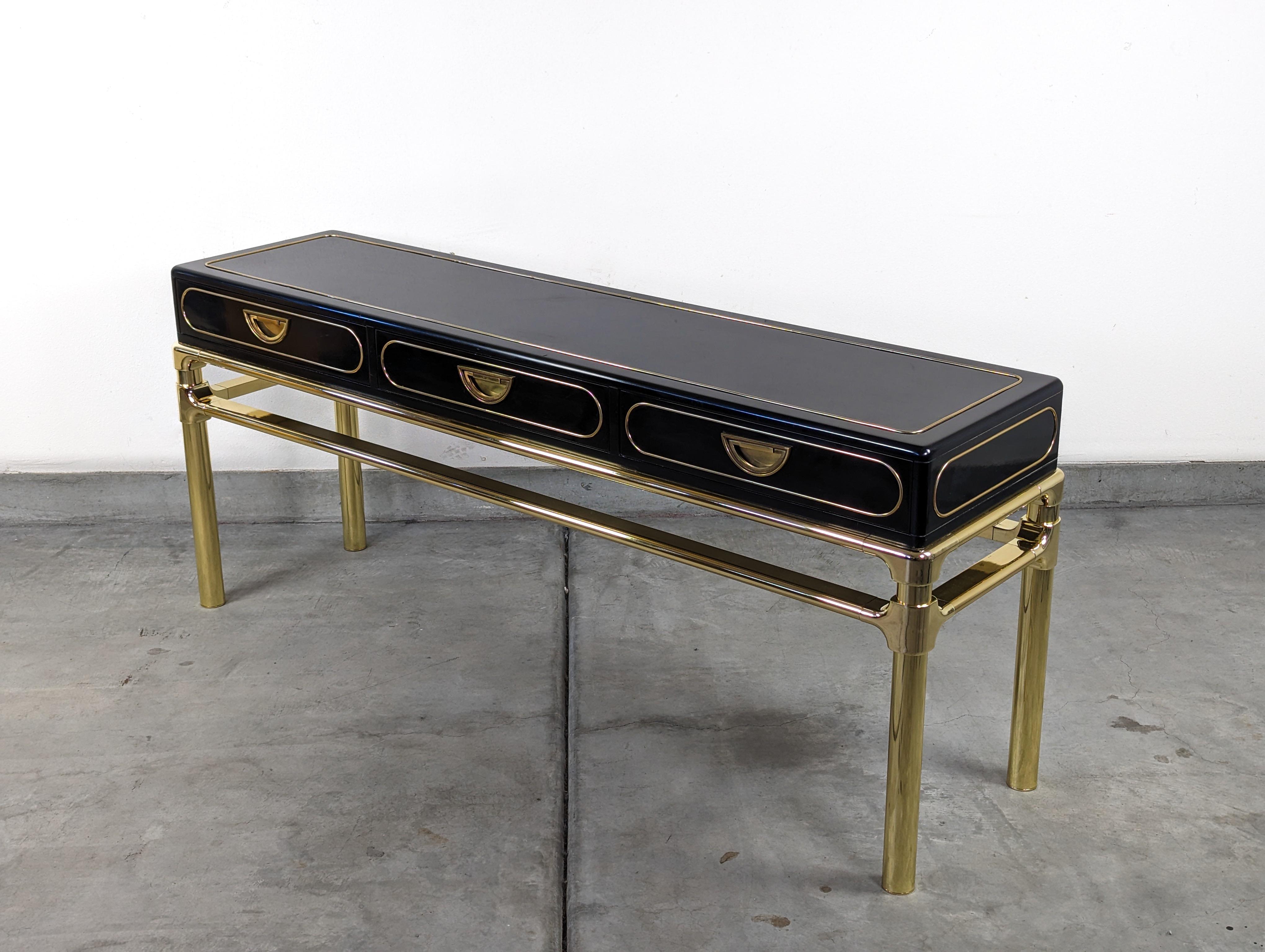 Brass and Black Lacquer Console Table With Drawers by Mastercraft, c1970s For Sale 2