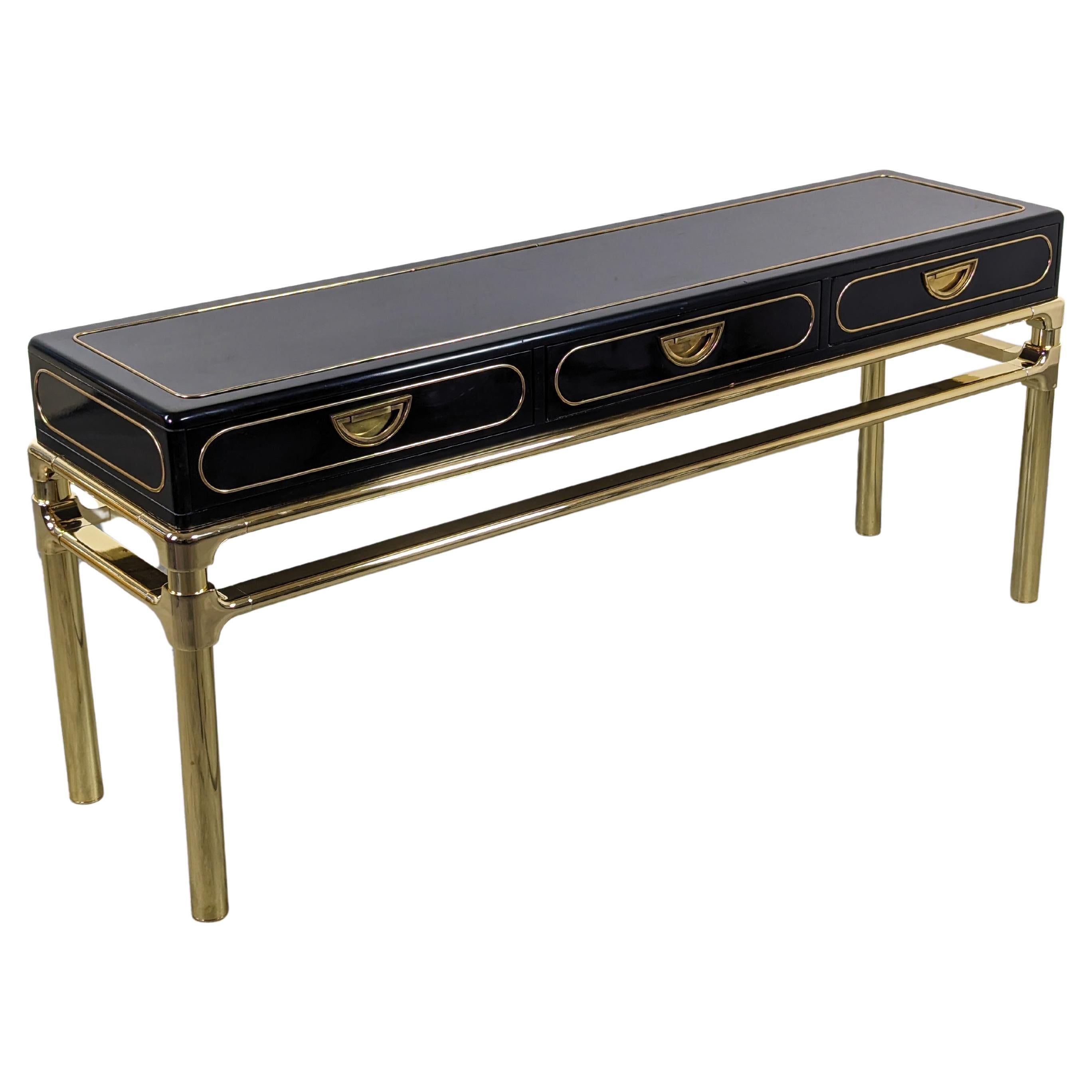 Brass and Black Lacquer Console Table With Drawers by Mastercraft, c1970s