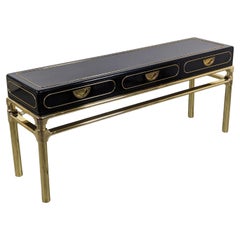 Retro Brass and Black Lacquer Console Table With Drawers by Mastercraft, c1970s