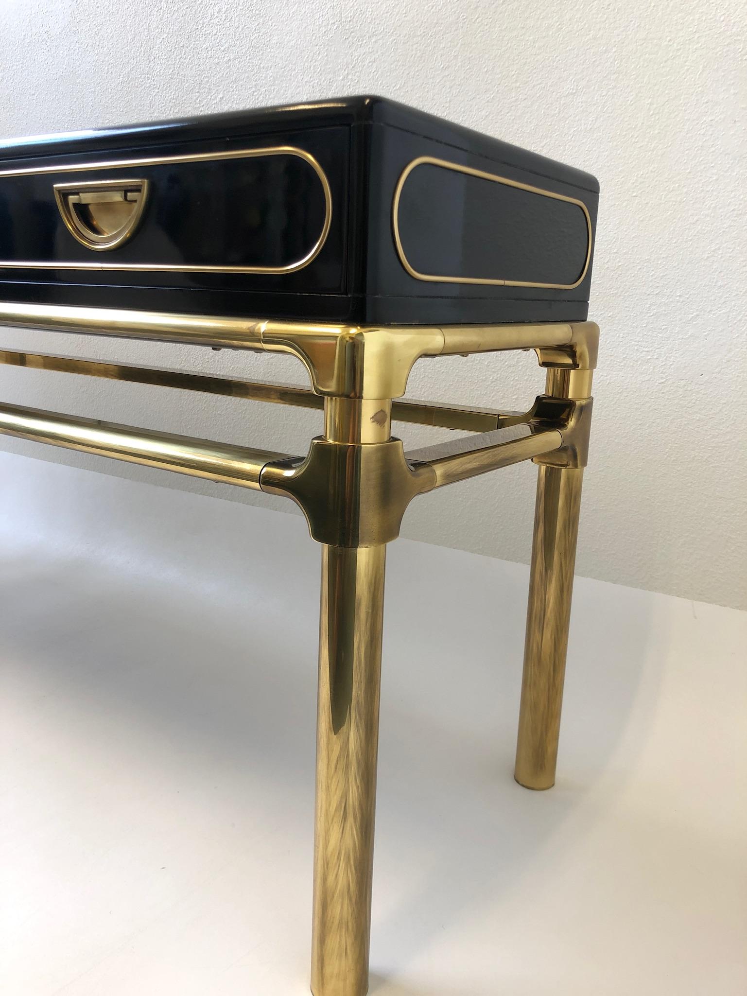 Late 20th Century Brass and Black Lacquer Console Table with Drawers by Mastercraft