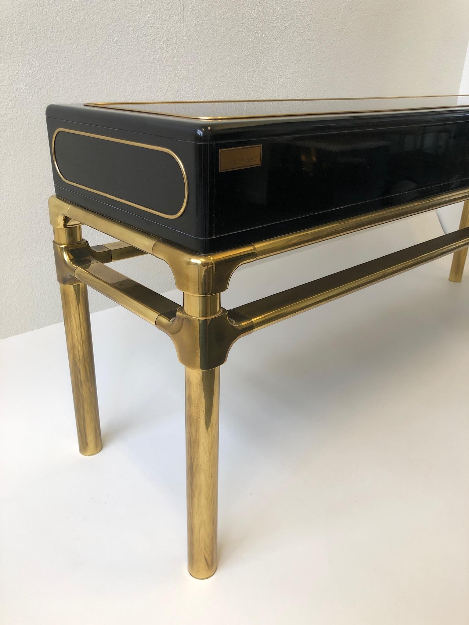 Brass and Black Lacquer Console Table with Drawers by Mastercraft 1