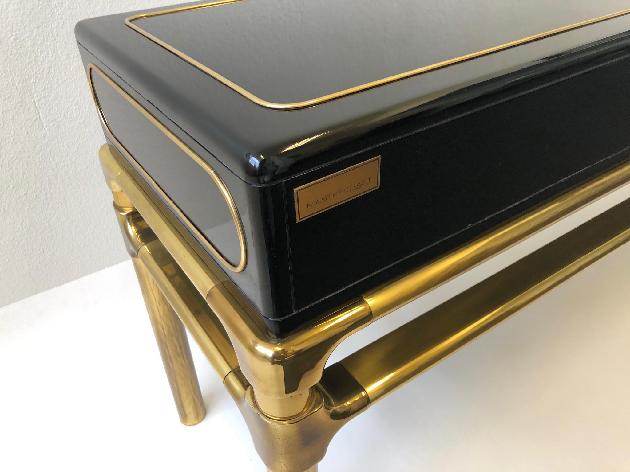 Brass and Black Lacquer Console Table with Drawers by Mastercraft 5