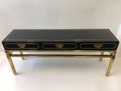 Brass and Black Lacquer Console Table with Drawers by Mastercraft