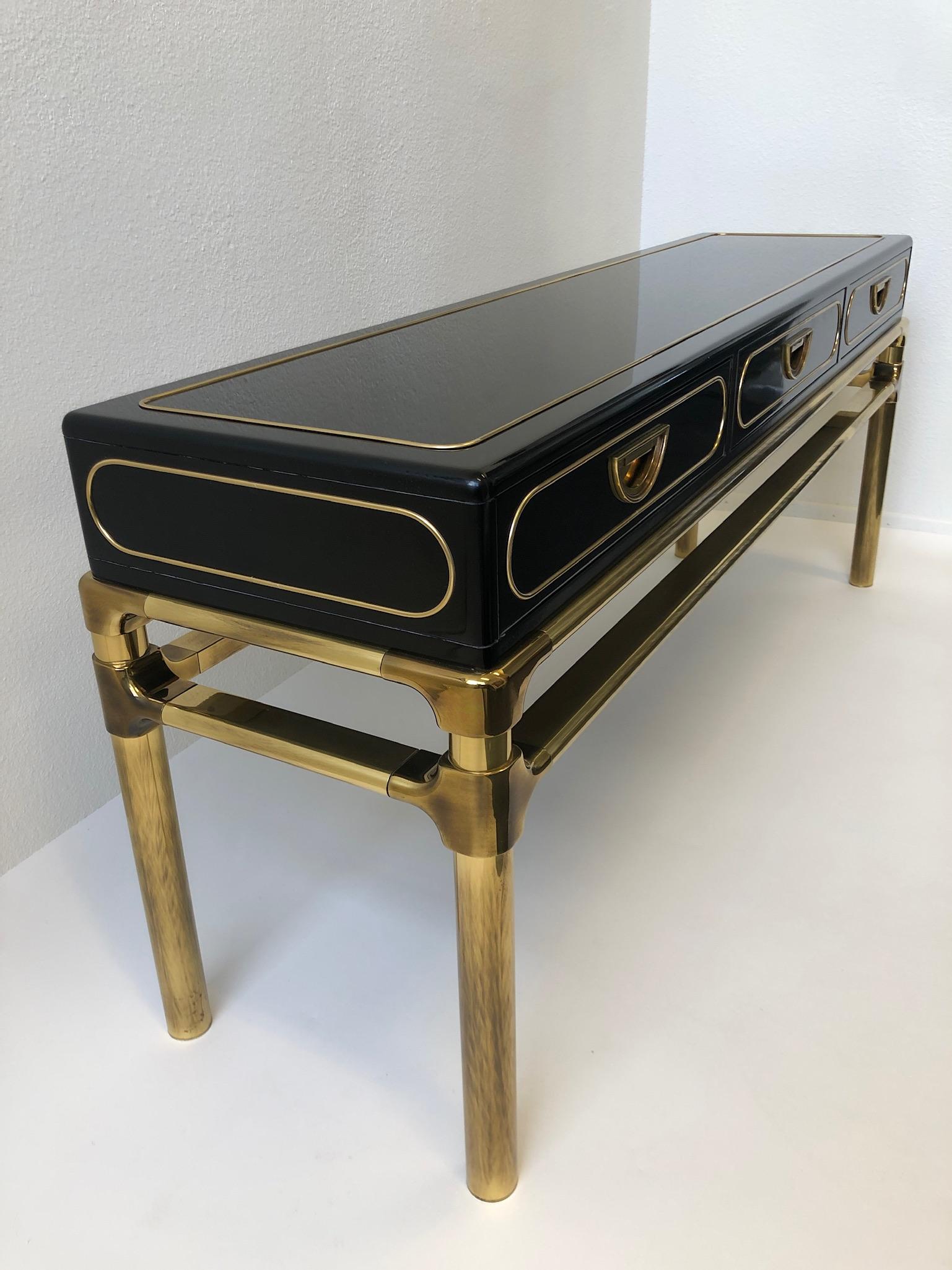 Modern Brass and Black Lacquer Console Table with Drawers by Mastercraft