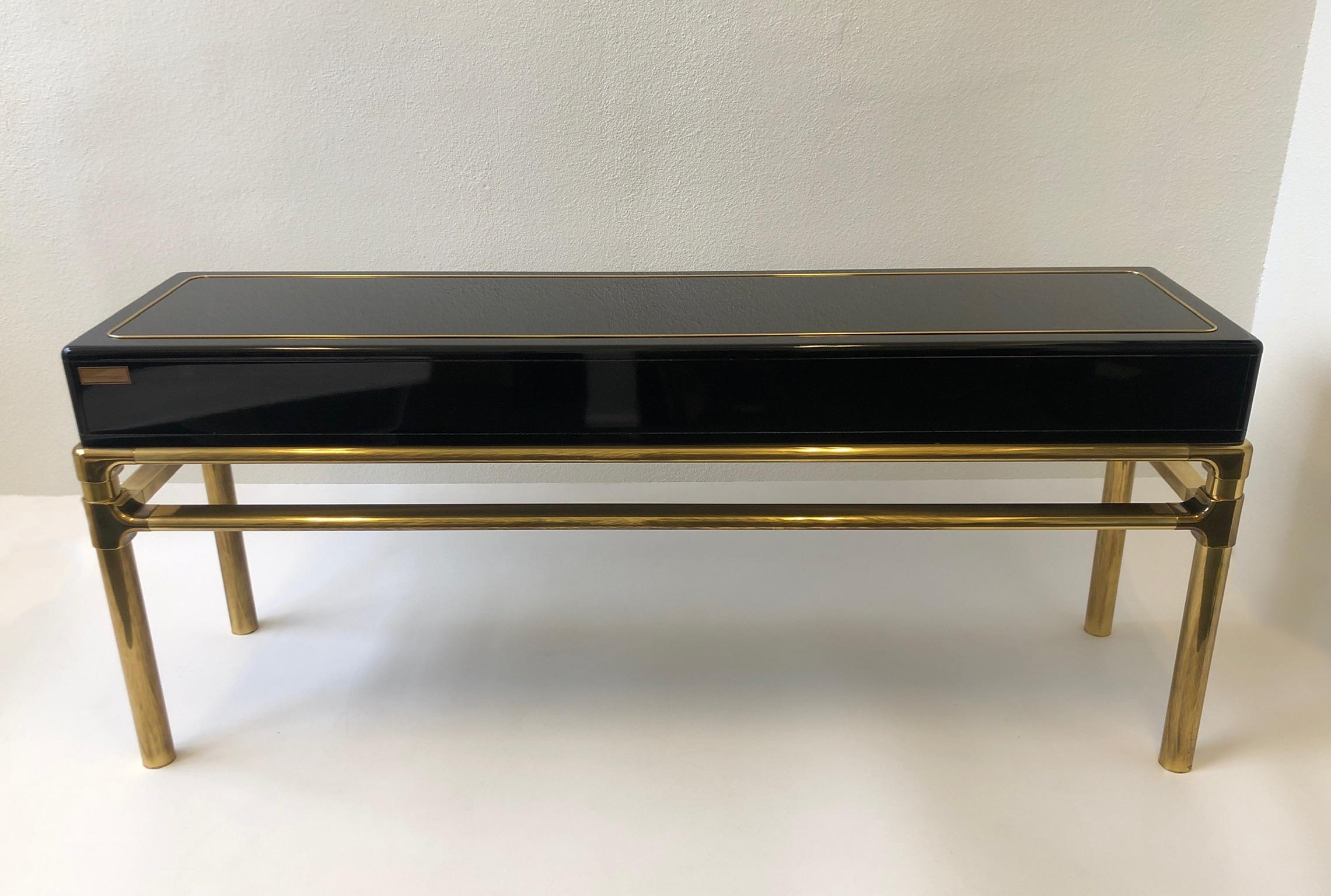 American Brass and Black Lacquer Console Table with Drawers by Mastercraft