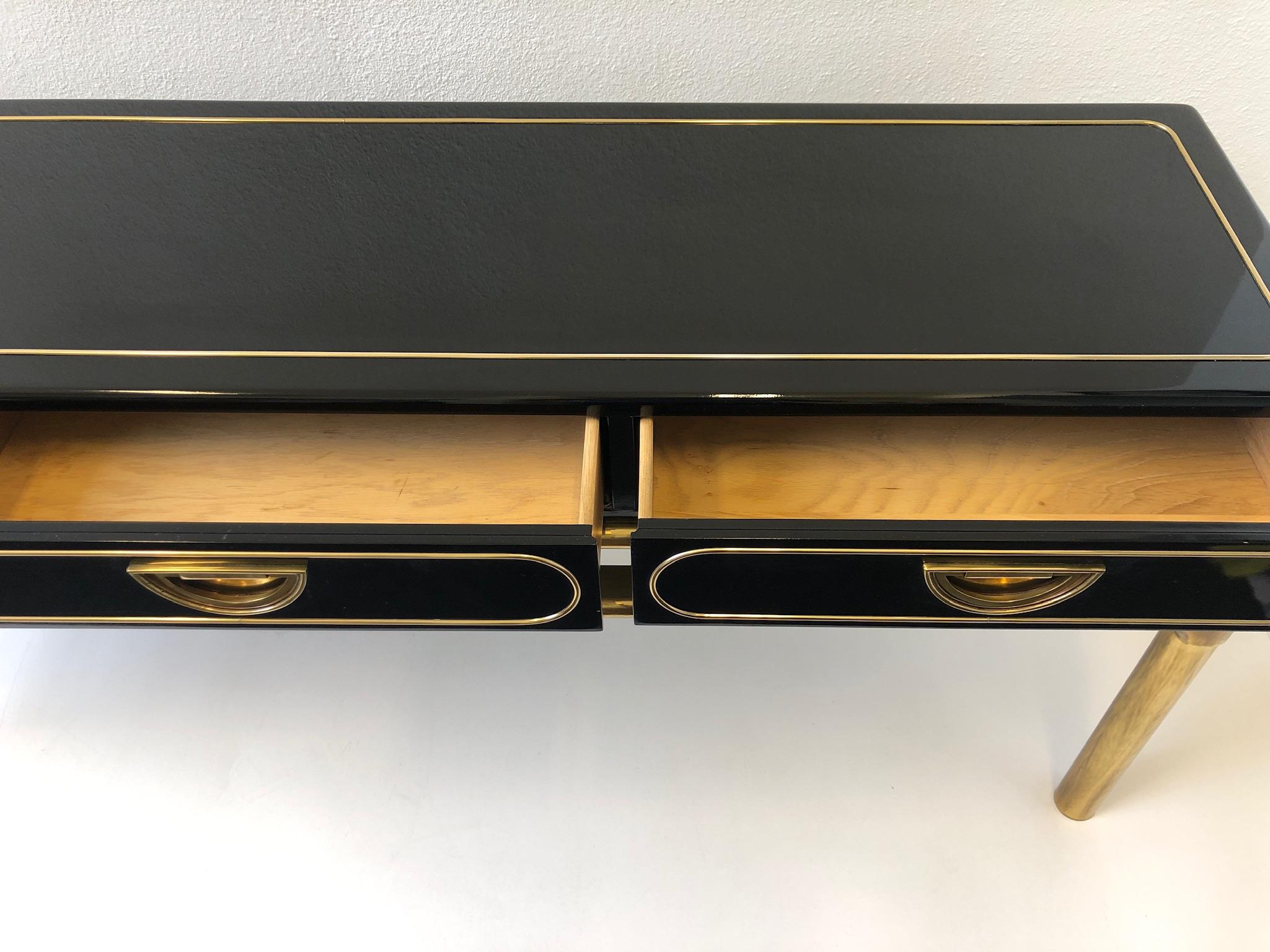 Polished Brass and Black Lacquer Console Table with Drawers by Mastercraft