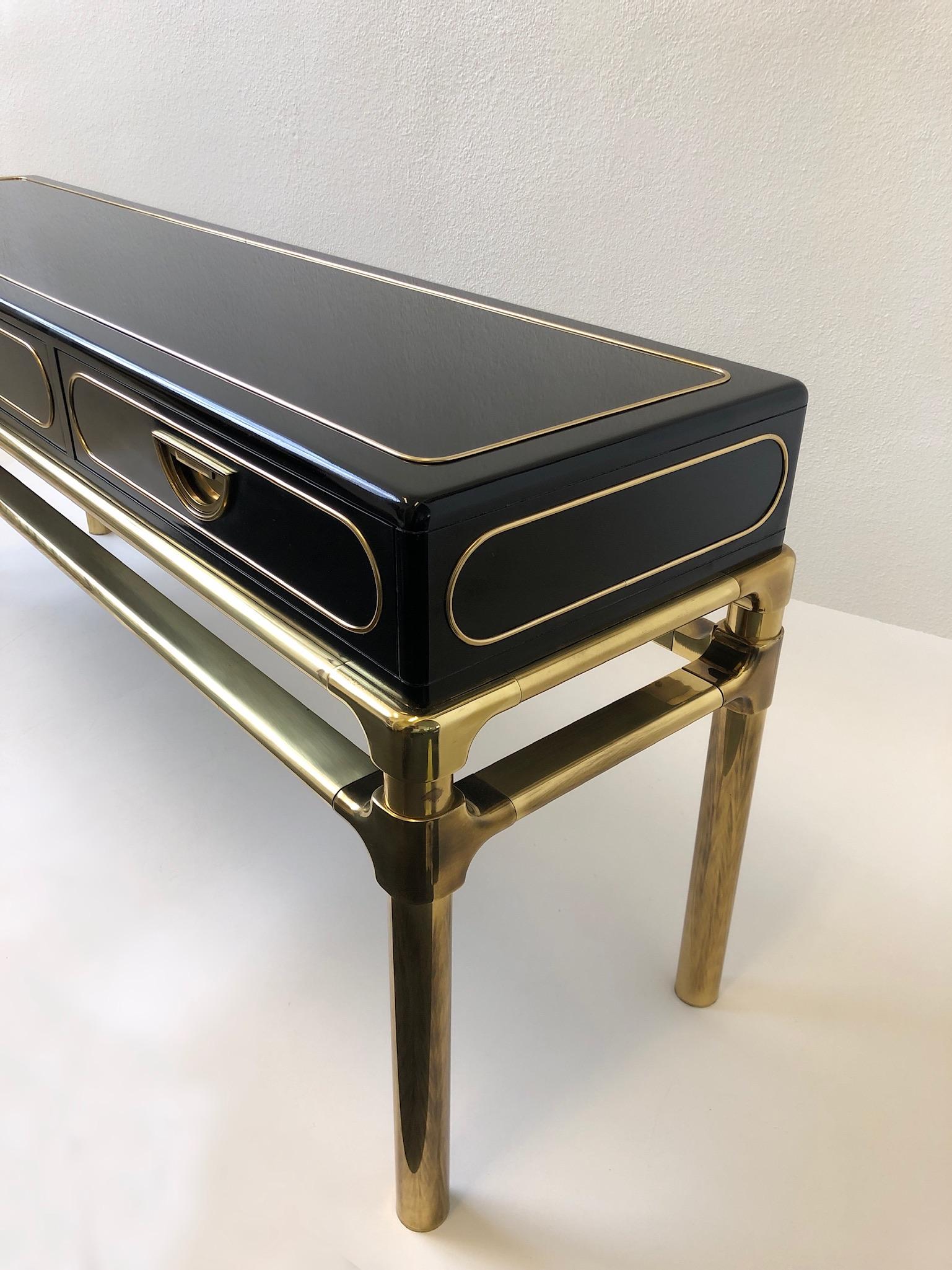 Brass and Black Lacquer Console Table with Drawers by Mastercraft In Good Condition In Palm Springs, CA