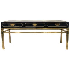 Brass and Black Lacquer Console Table with Drawers by Mastercraft