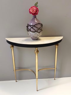 Brass and Black Lacquered Beech Console Table with Demilune Marble Top, Italy