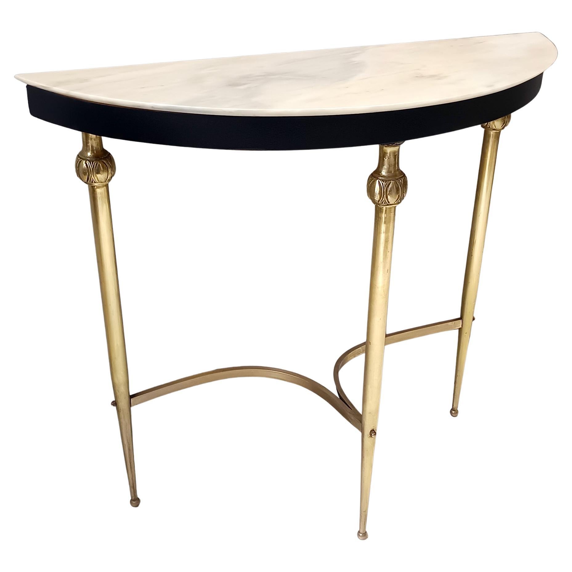 Brass and Black Lacquered Beech Console Table with Demilune Marble Top, Italy