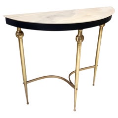 Brass and Black Lacquered Beech Console Table with Demilune Marble Top, Italy