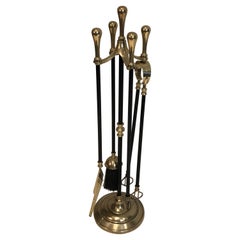 Brass and Black Lacquered Fireplace Tools on Stand, French, Circa 1970