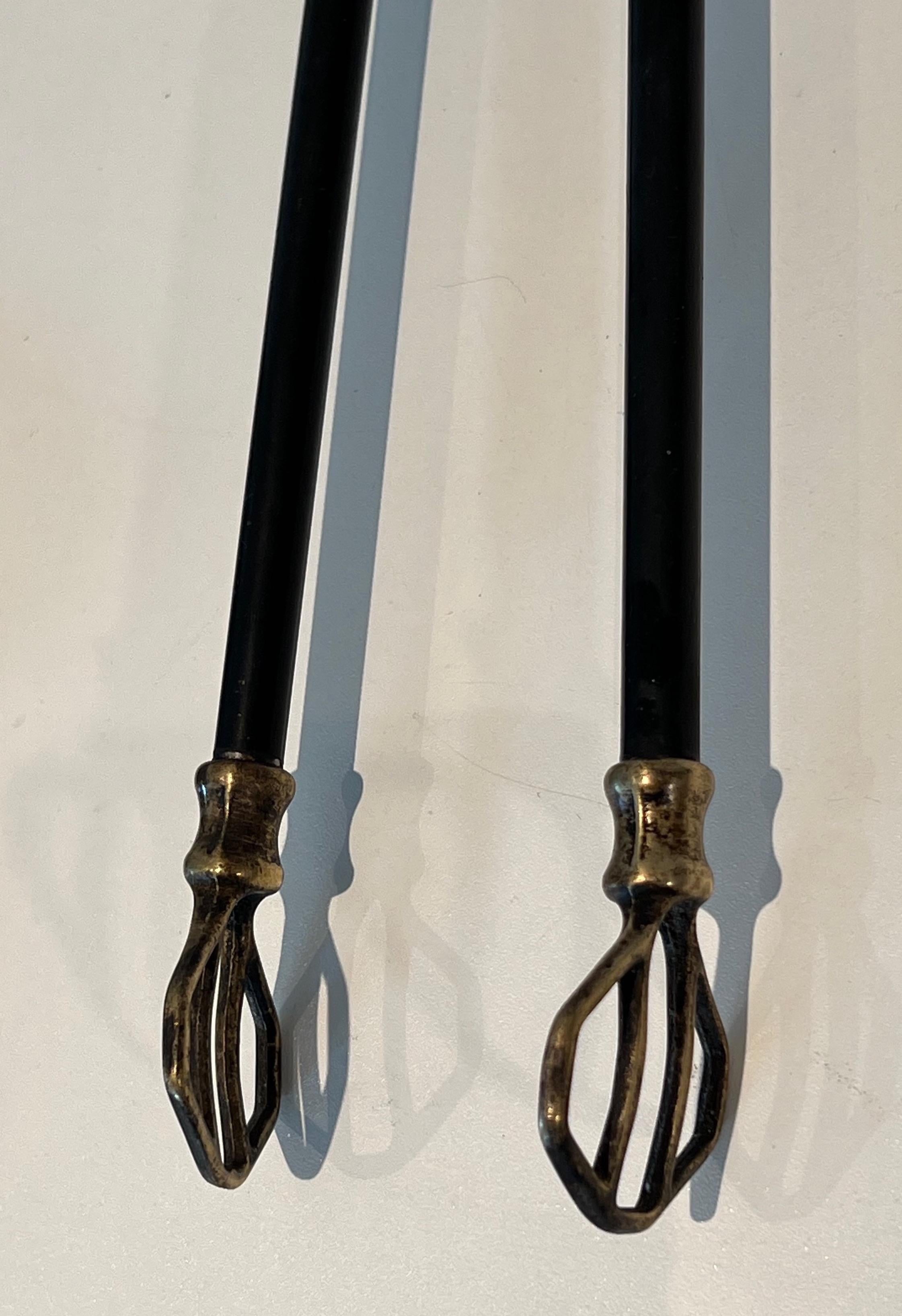 Brass and Black Lacquered Metal Fireplace Tools. Circa 1940 For Sale 5
