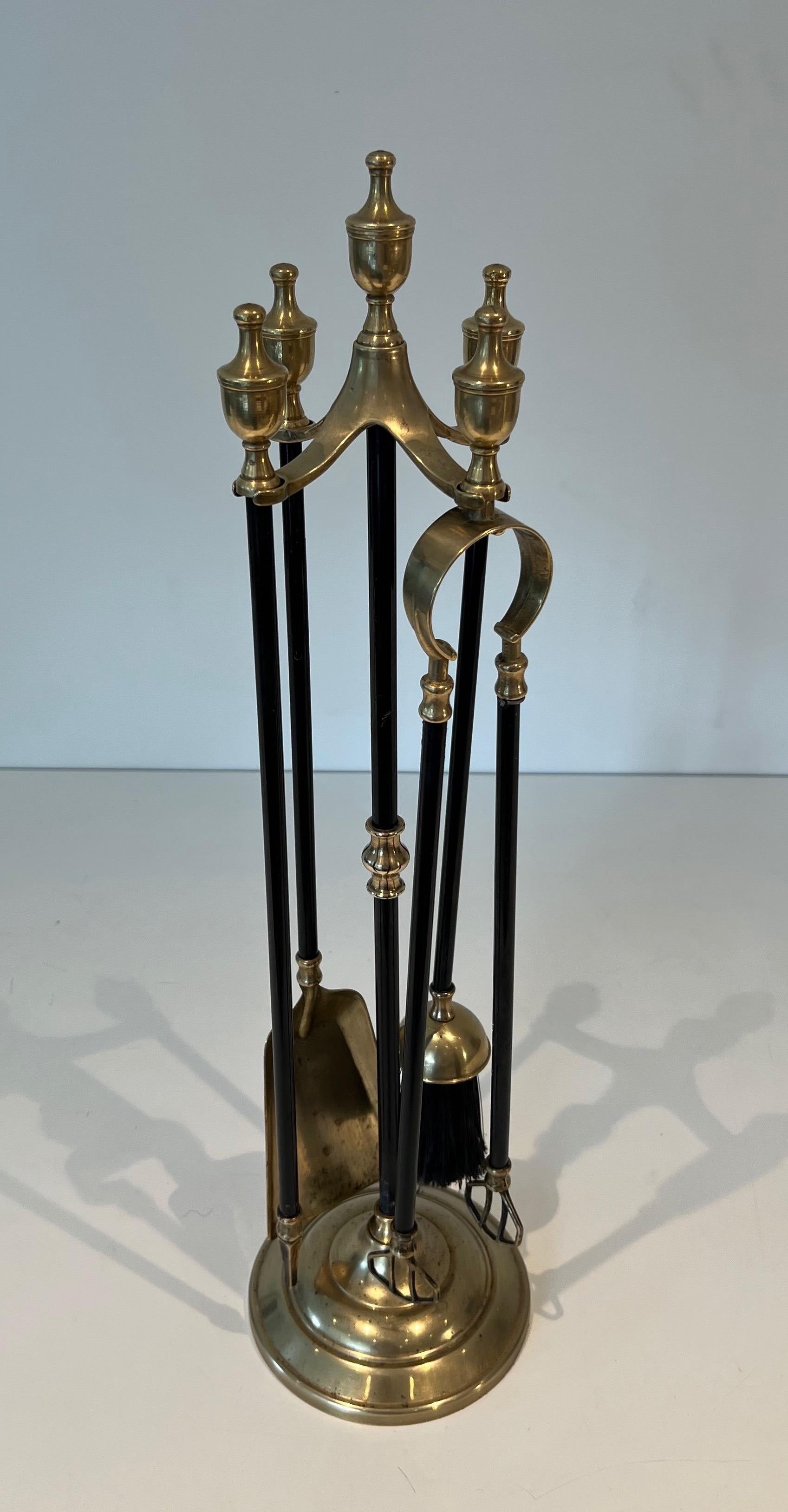 Neoclassical Brass and Black Lacquered Metal Fireplace Tools. Circa 1940 For Sale