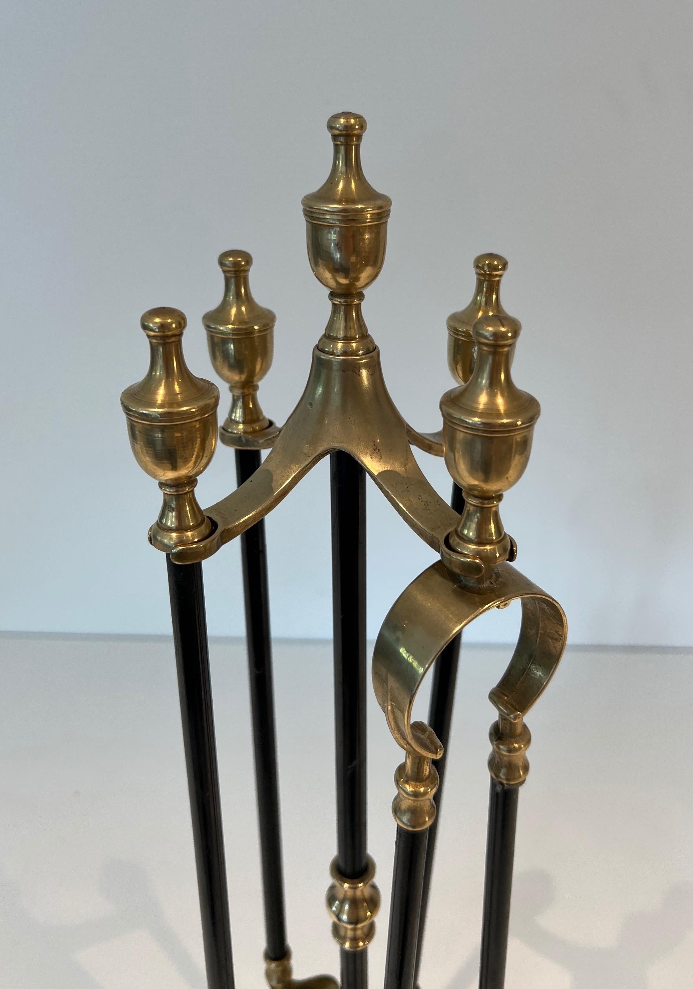 Brass and Black Lacquered Metal Fireplace Tools. Circa 1940 In Good Condition For Sale In Marcq-en-Barœul, Hauts-de-France