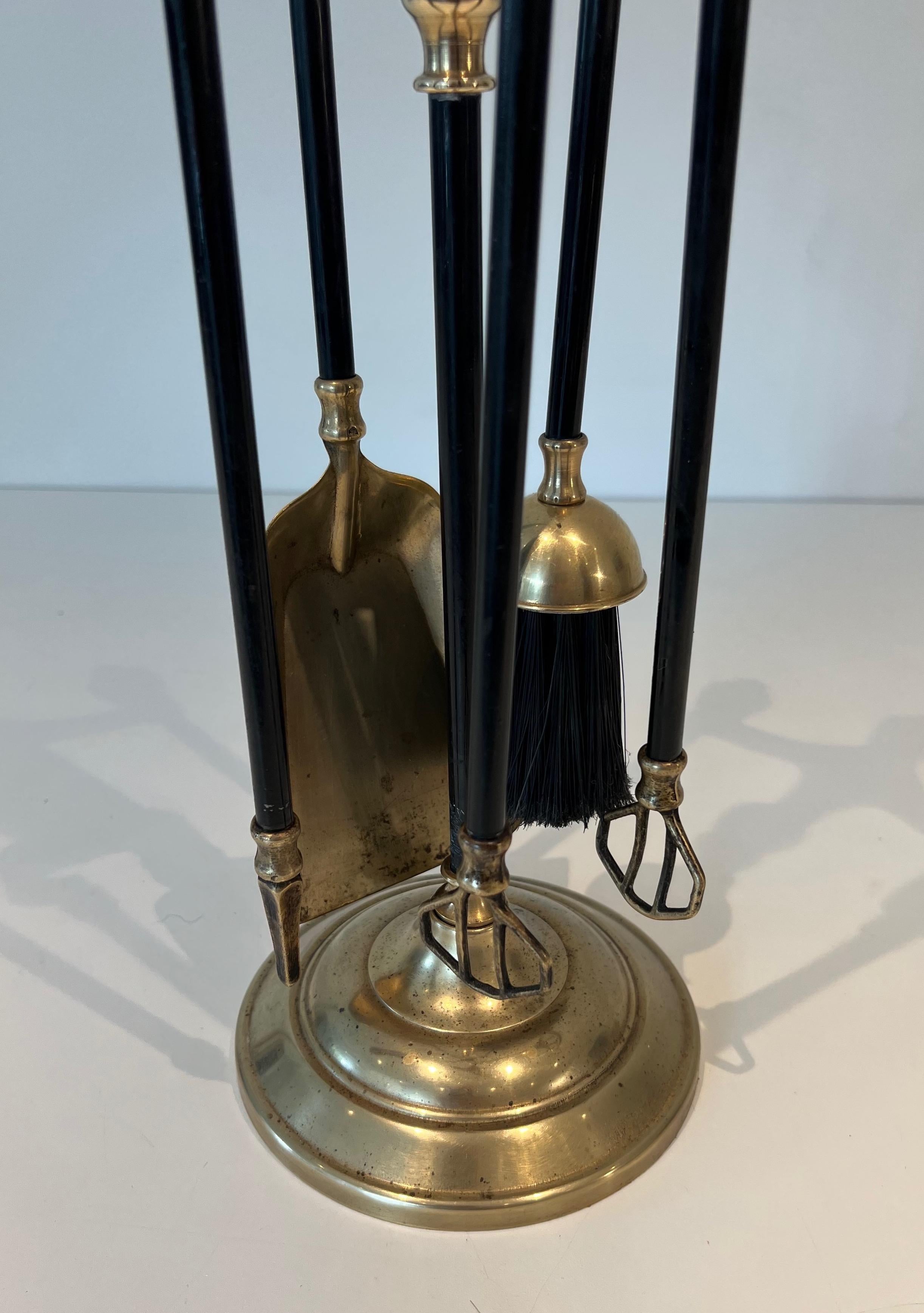Mid-20th Century Brass and Black Lacquered Metal Fireplace Tools. Circa 1940 For Sale