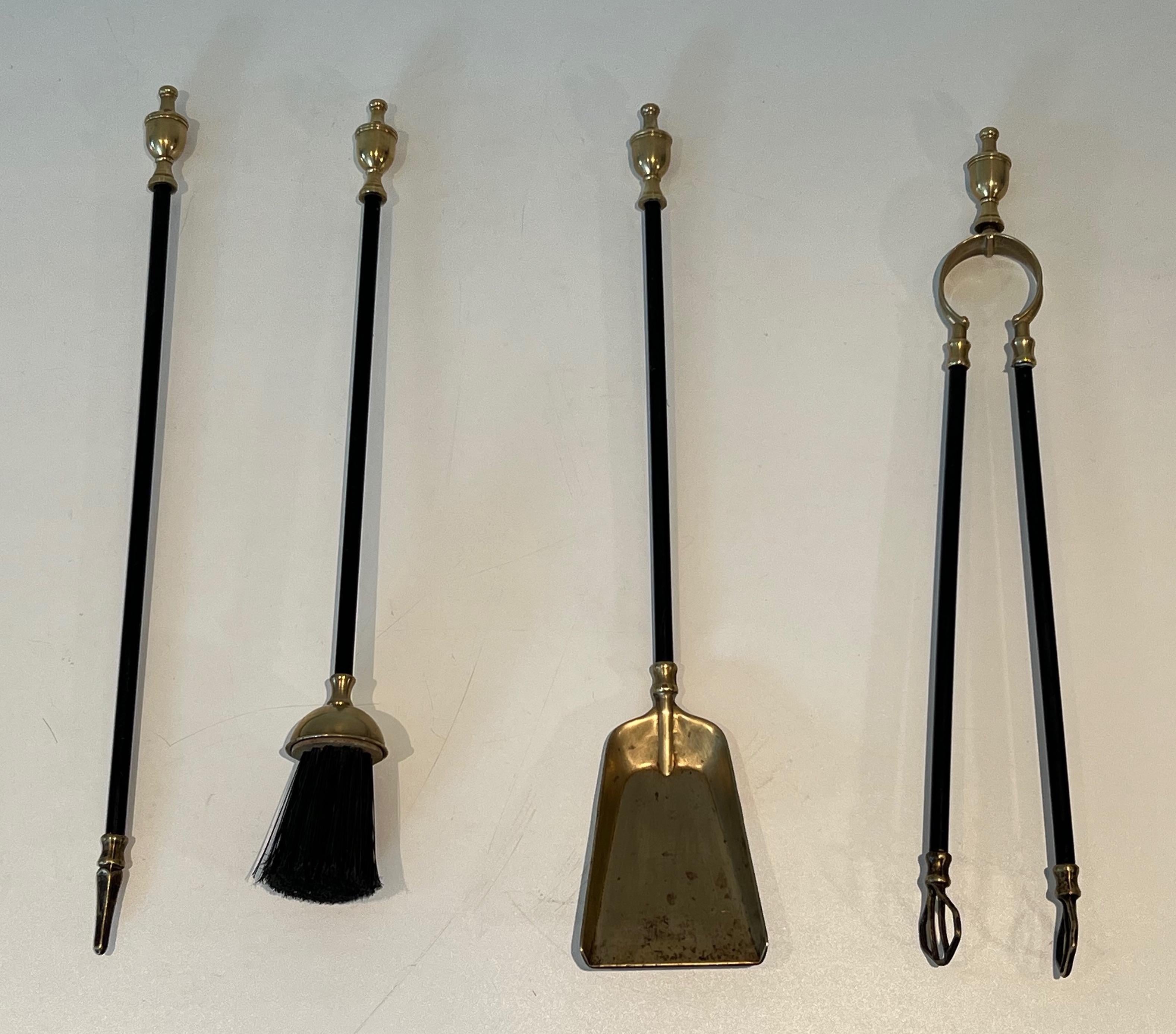Brass and Black Lacquered Metal Fireplace Tools. Circa 1940 For Sale 3