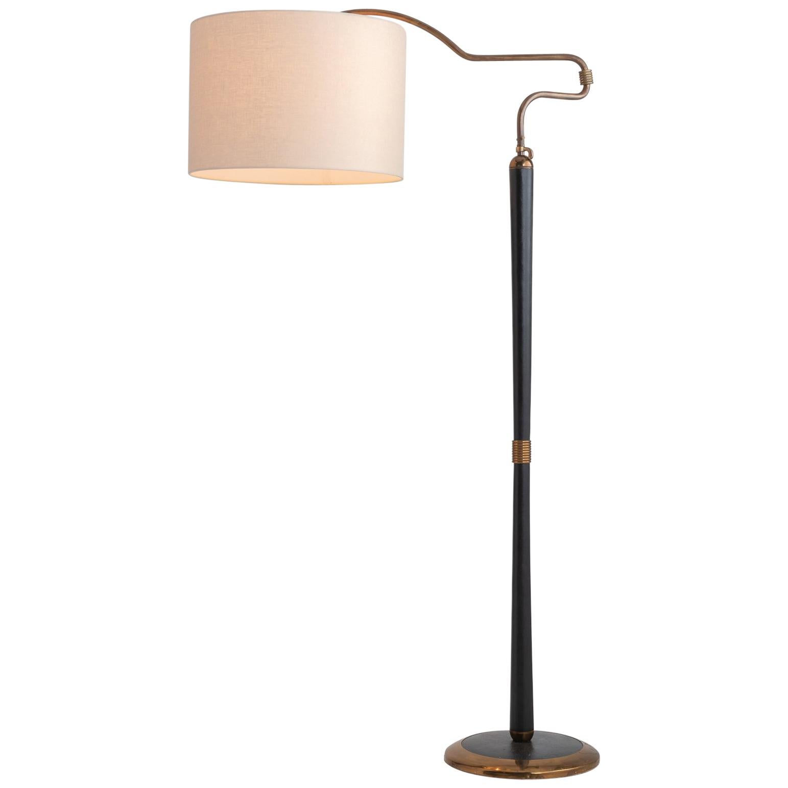 Brass and Black Leather Floor Lamp, England, circa 1950